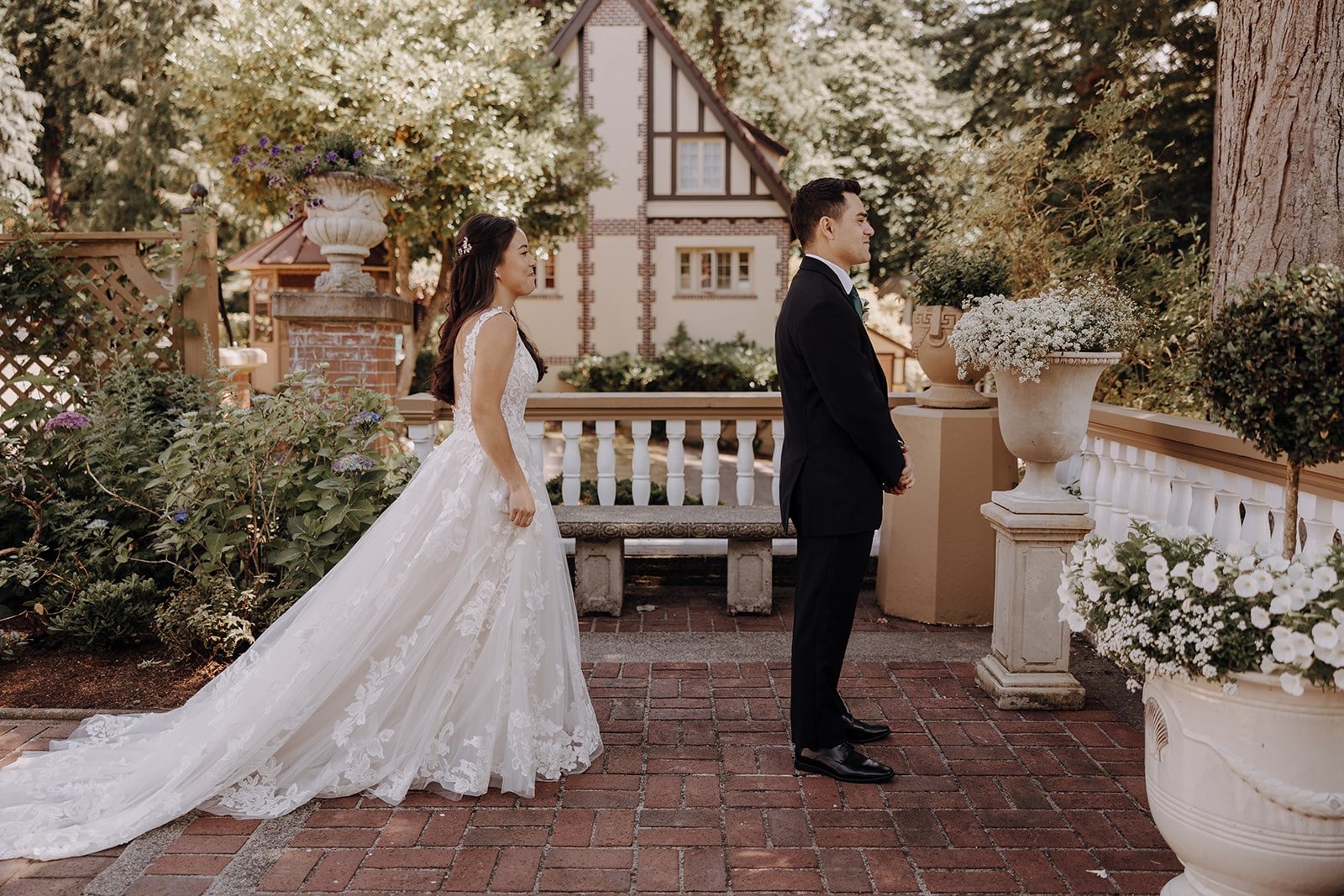 Bride and groom first look at Lairmont Manor wedding venue