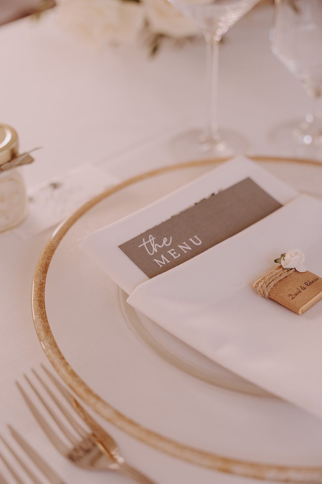 White dinner plate with printed menu at Lairmont Manor wedding