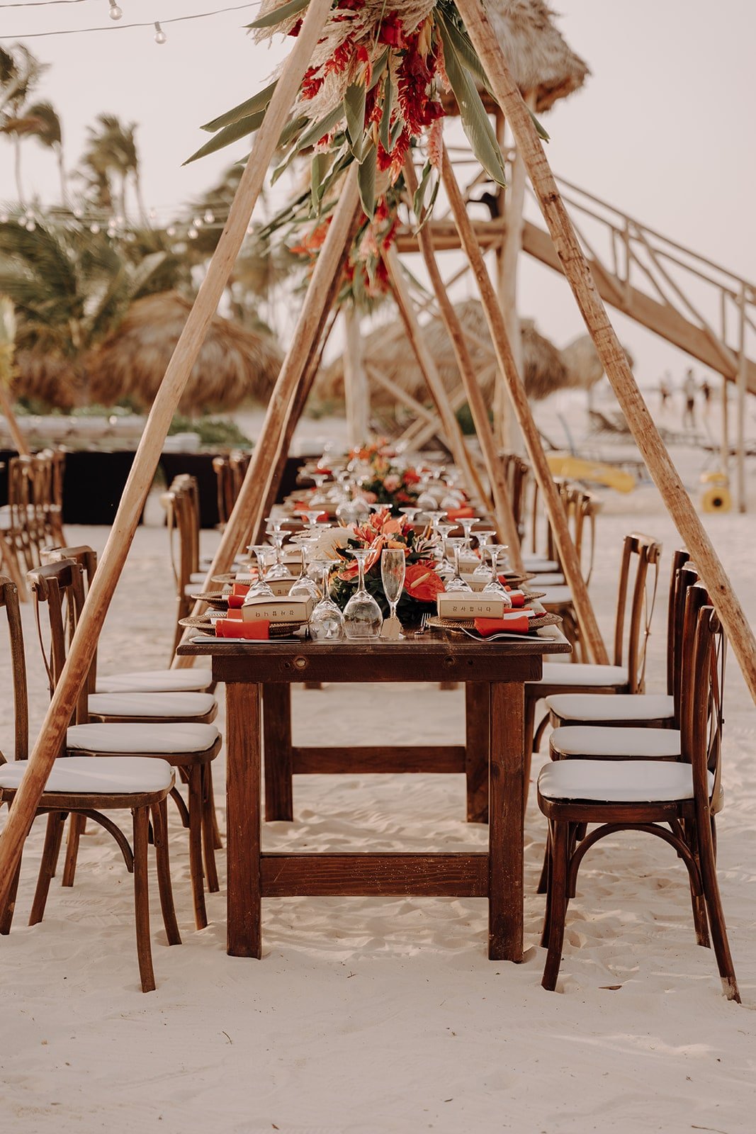 Beach destination wedding reception table decor