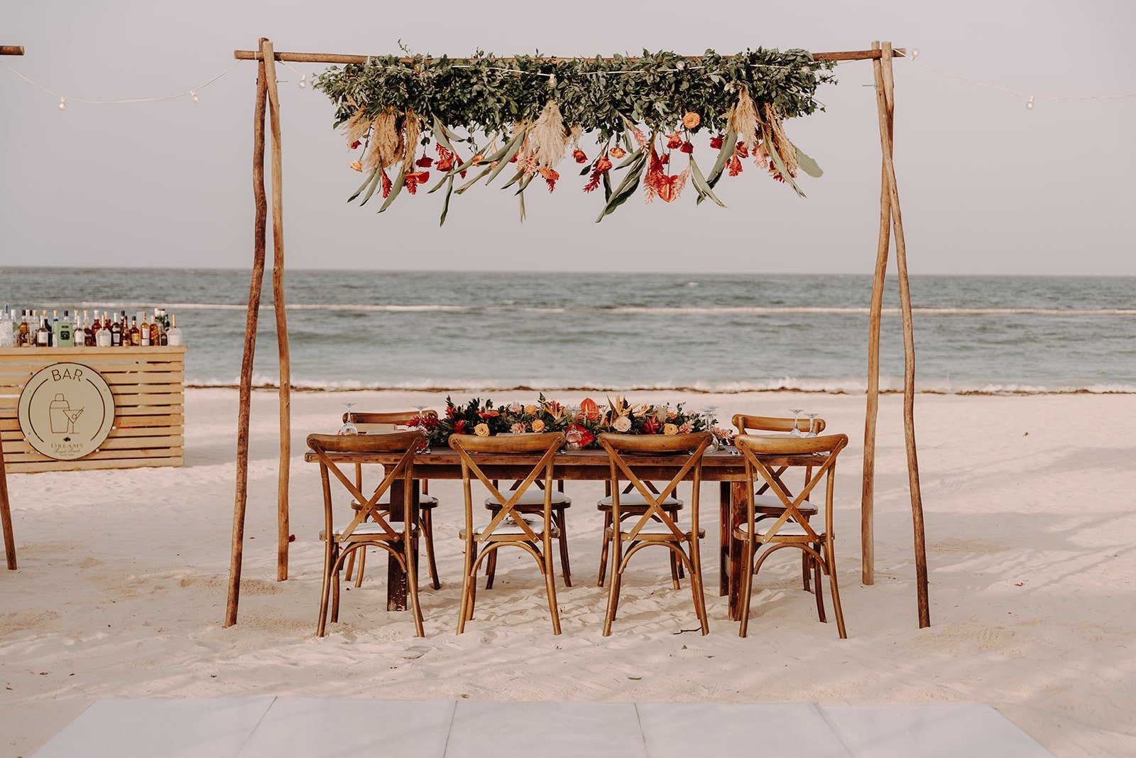 Destination wedding reception table on the beach in the Dominican Republic