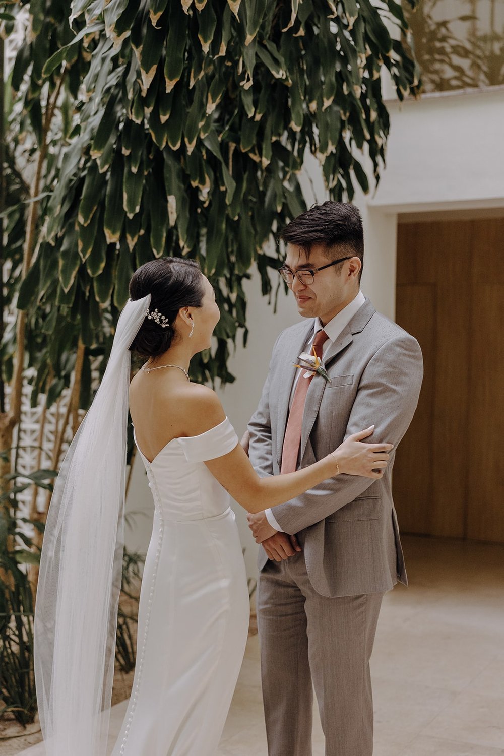 Bride and groom first look at Cancun Mexico resort 