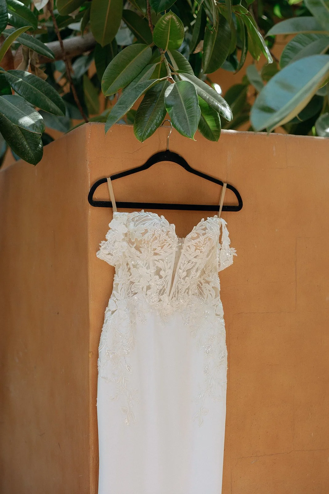 A white lace wedding dress with off-the-shoulder sleeves hangs on a black hanger against a tan wall beneath green leaves.
