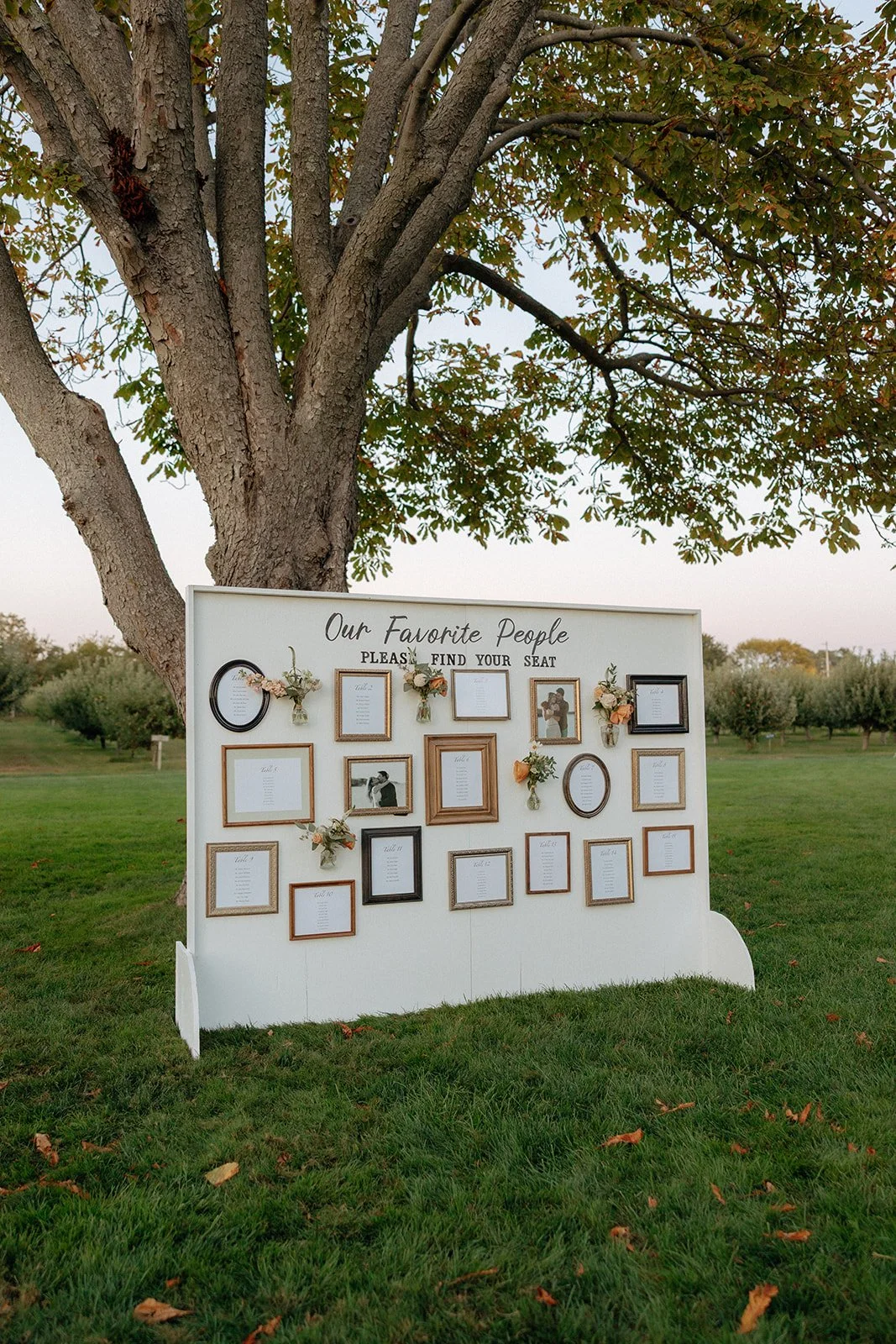 A white display board with empty and framed spaces arranged under the sign “Our Favorite People, Please Find Your Seat,” stands on grass in front of a large tree.