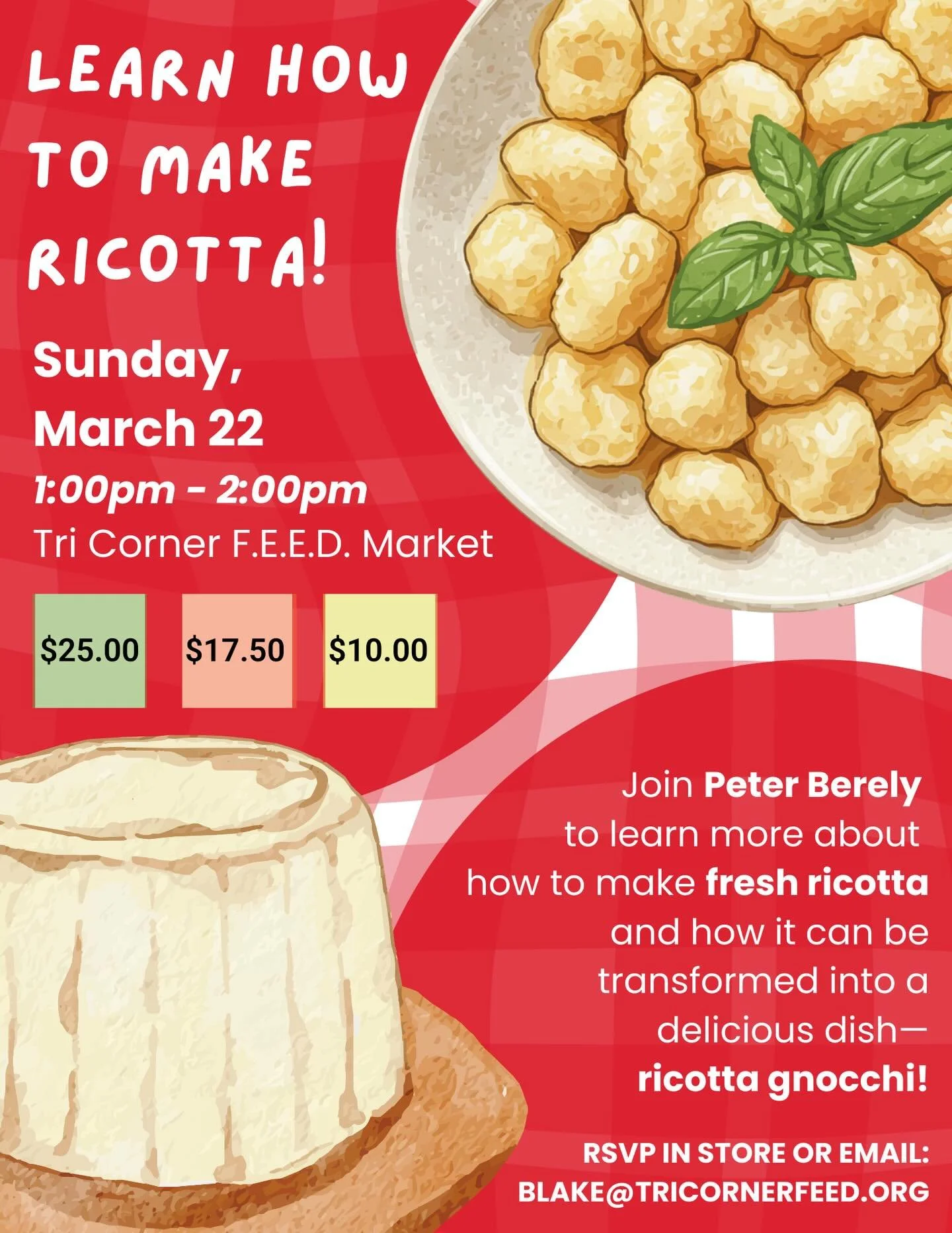 🧀Join us Sunday, March 22nd from 1:00pm - 2:00pm to learn how to make fresh ricotta with Peter Berley🧀

Participants will first learn the steps of how to make their own ricotta at home and then how to transform this ingredient into homemade ricotta