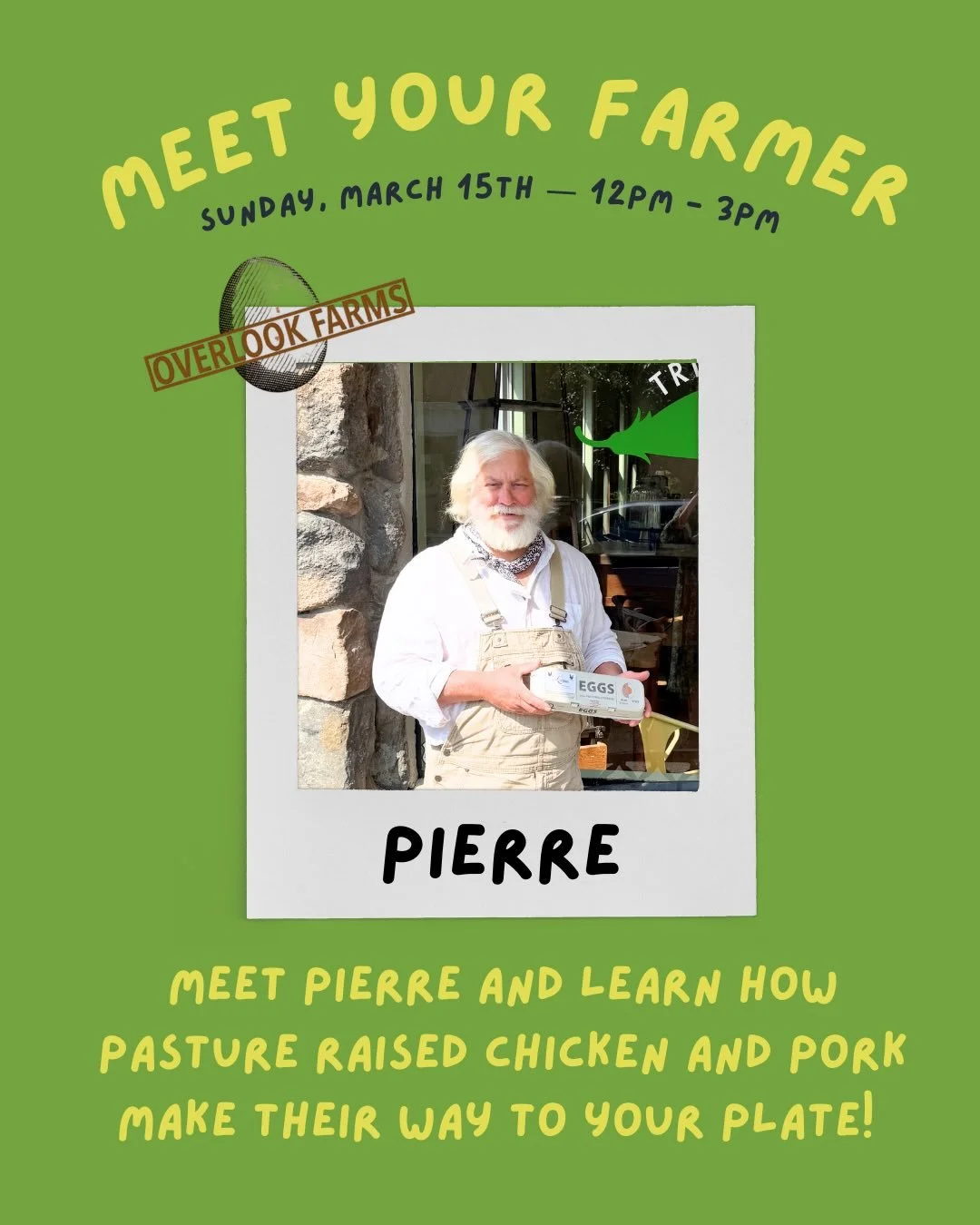 🐓 🌱 MEET YOUR FARMER: Overlook Farms 🐖🌾

Sunday, March 15th ~ 12:00pm - 3:00pm

Ever wonder where your food really comes from? Join us for a special Meet Your Farmer Sunday and get to know your local farmer.

Pierre from @overlookfarmsny will be 