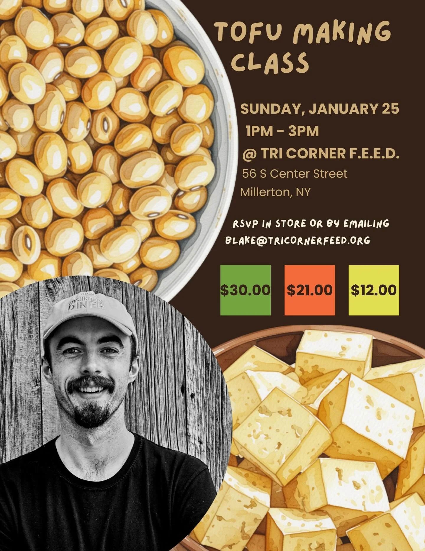 EDIT- RESCHEDULED FOR SUNDAY, FEBRUARY 1st
✨Tofu from scratch!✨

Next Sunday, January 25th from 1pm-3pm, chef Dan Meissner of @fairplay.hv will be guiding class participants through the entire process! From making soy milk, cooking it down and transf
