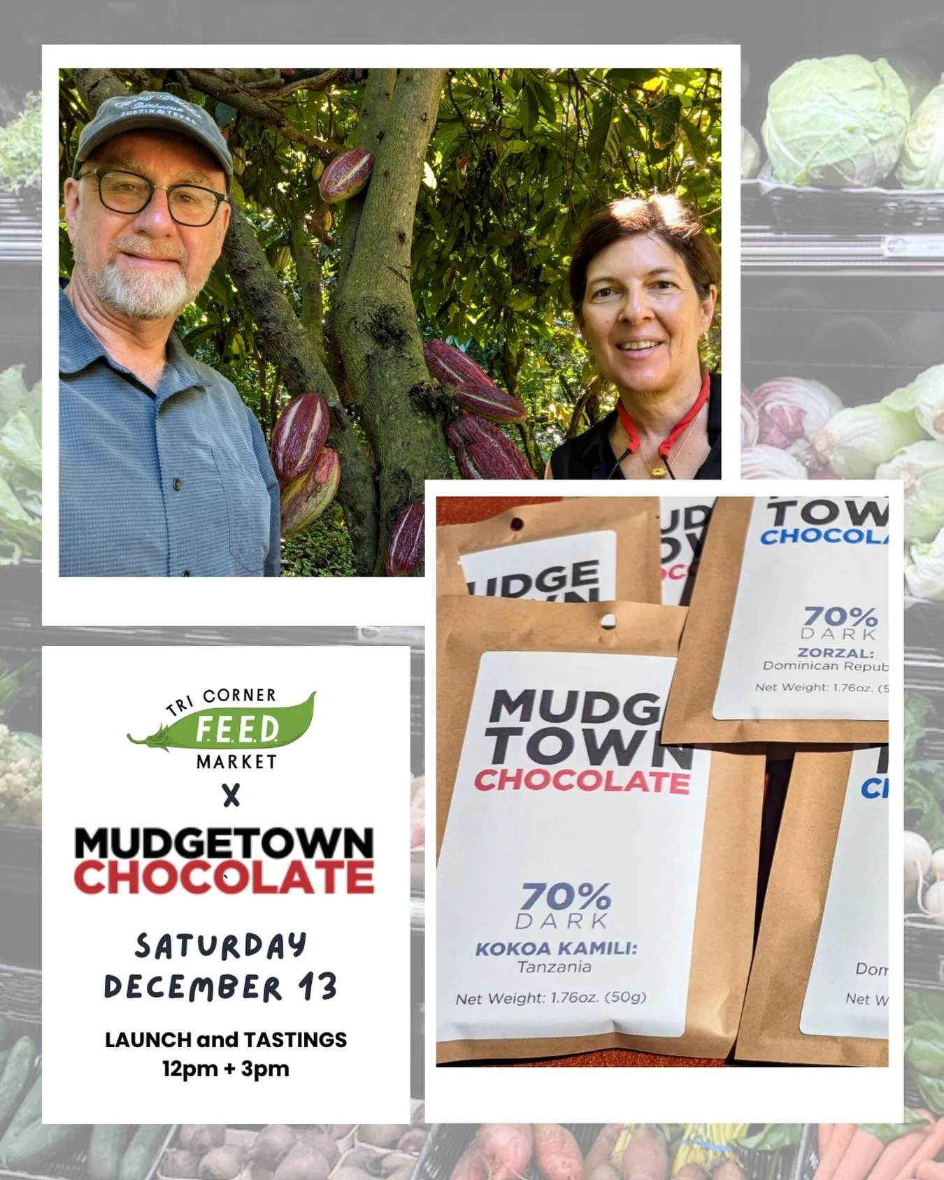 🍫Saturday, December 13th join us for the launch and tasting of @mudgetownchocolate at Tri Corner F.E.E.D. Market! Tastings will be available at 12pm + 3pm each with a focus on different bars.

Introducing Mudgetown Chocolate: tiny batch, two ingredi