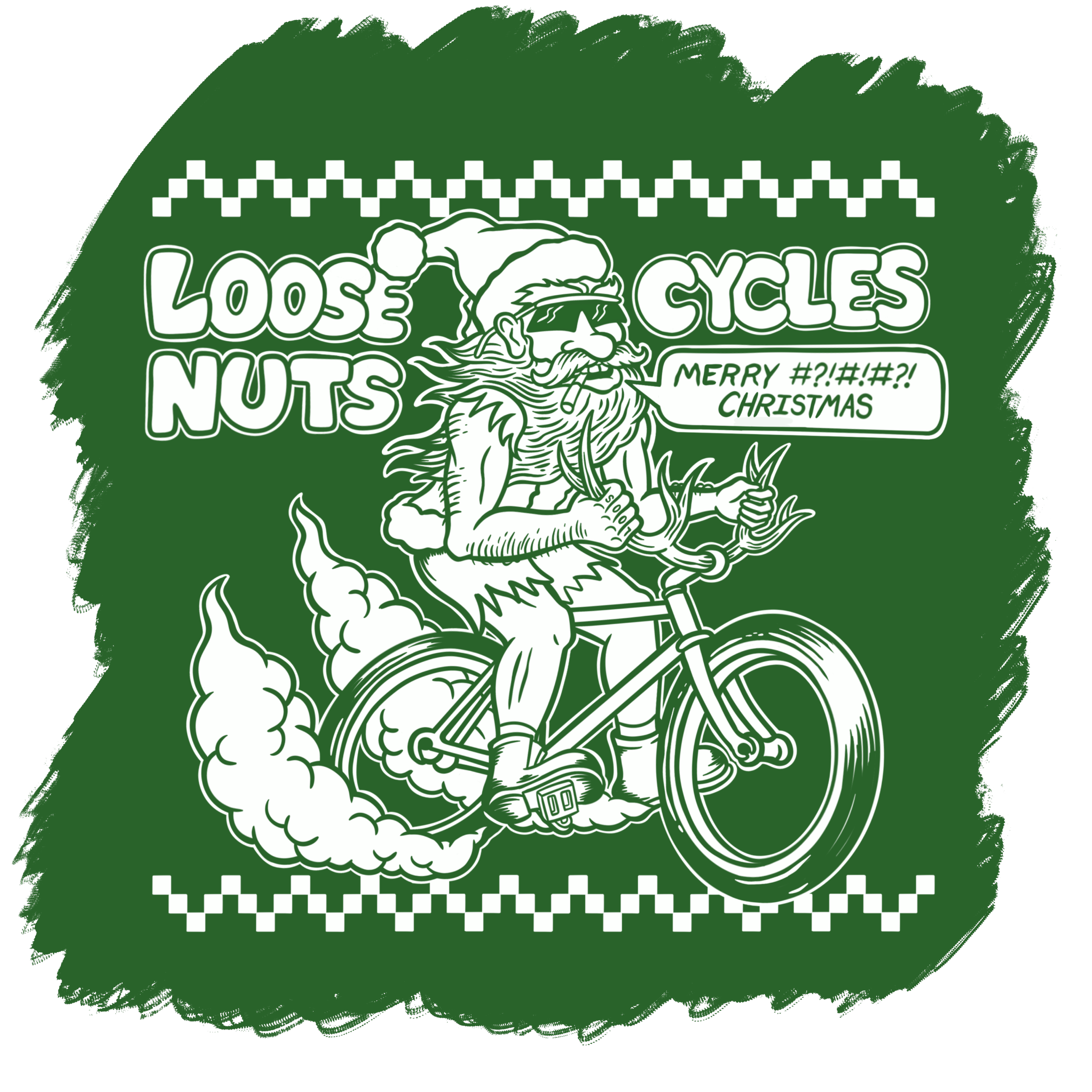 A cartoon-style drawing of a Santa-like figure with a beard, sunglasses, and a Santa hat, riding a motorcycle on a cloud of smoke. The background is green with a checkered pattern at the top and bottom. Text reads "Loose Nuts Cycles" and a speech bub