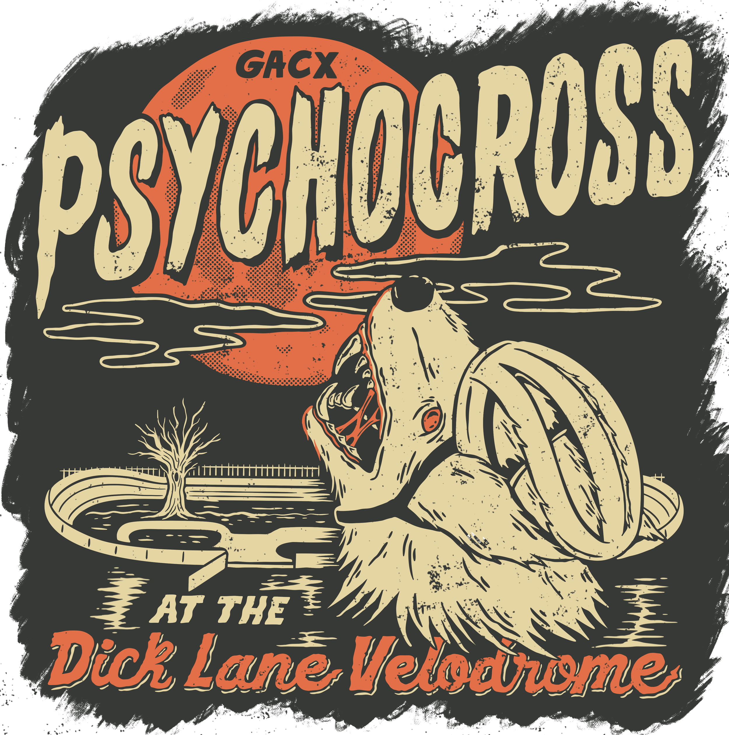 A vintage-style poster for a psychobilly band called GACX PsycHordas, performing at the Dick Lane Velodrome. The poster features a screaming dog with smoke coming from its nose, a red moon in the background, and a barren tree, with stylized text in b