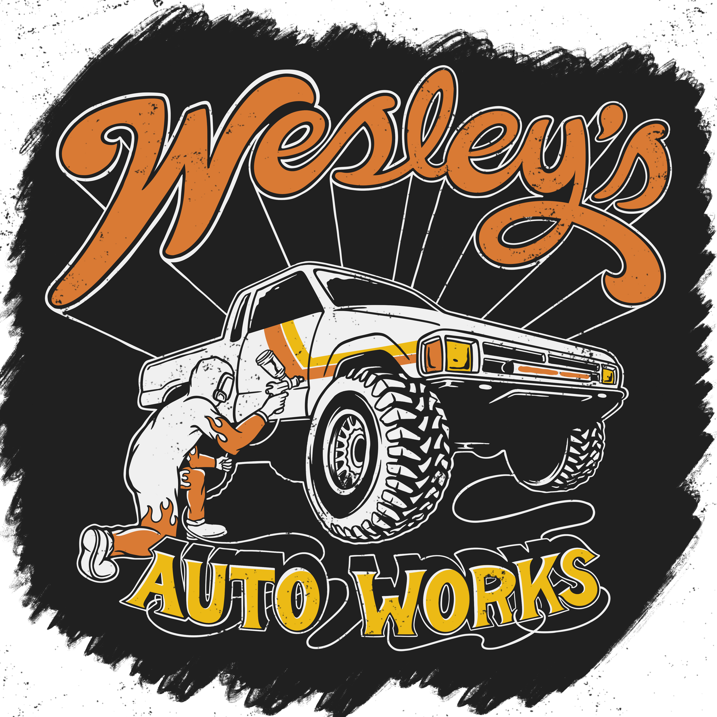 Logo for Wesley's Auto Works featuring a cartoon mechanic examining a lifted classic truck with large tires, with the business name in stylized orange and yellow text.