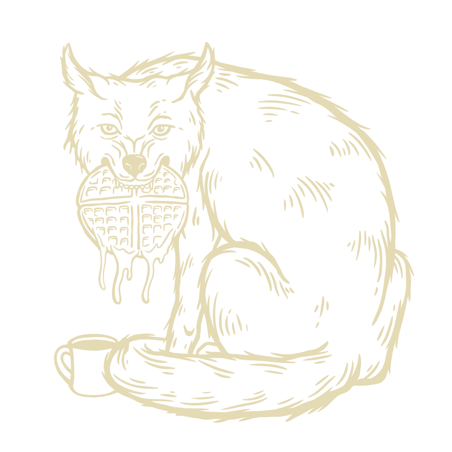 Line art illustration of a coyote sitting with a cup and biting into a large waffle with syrup dripping down.