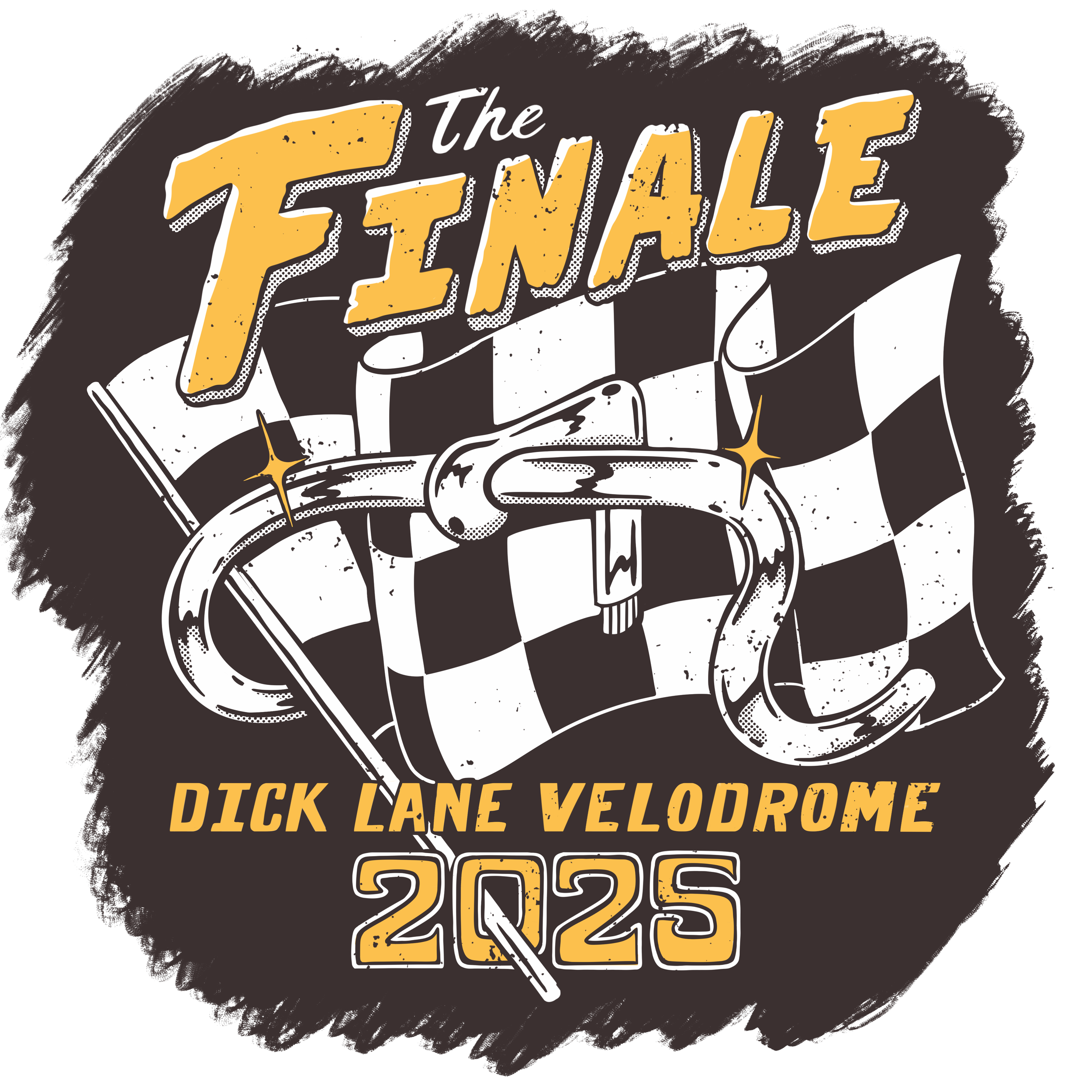 Vintage-style graphic promoting the 2025 FINALE event at Dick Lane Velodrome, featuring checkered flags, a bicycle handlebar, and bold yellow, white, and black text.
