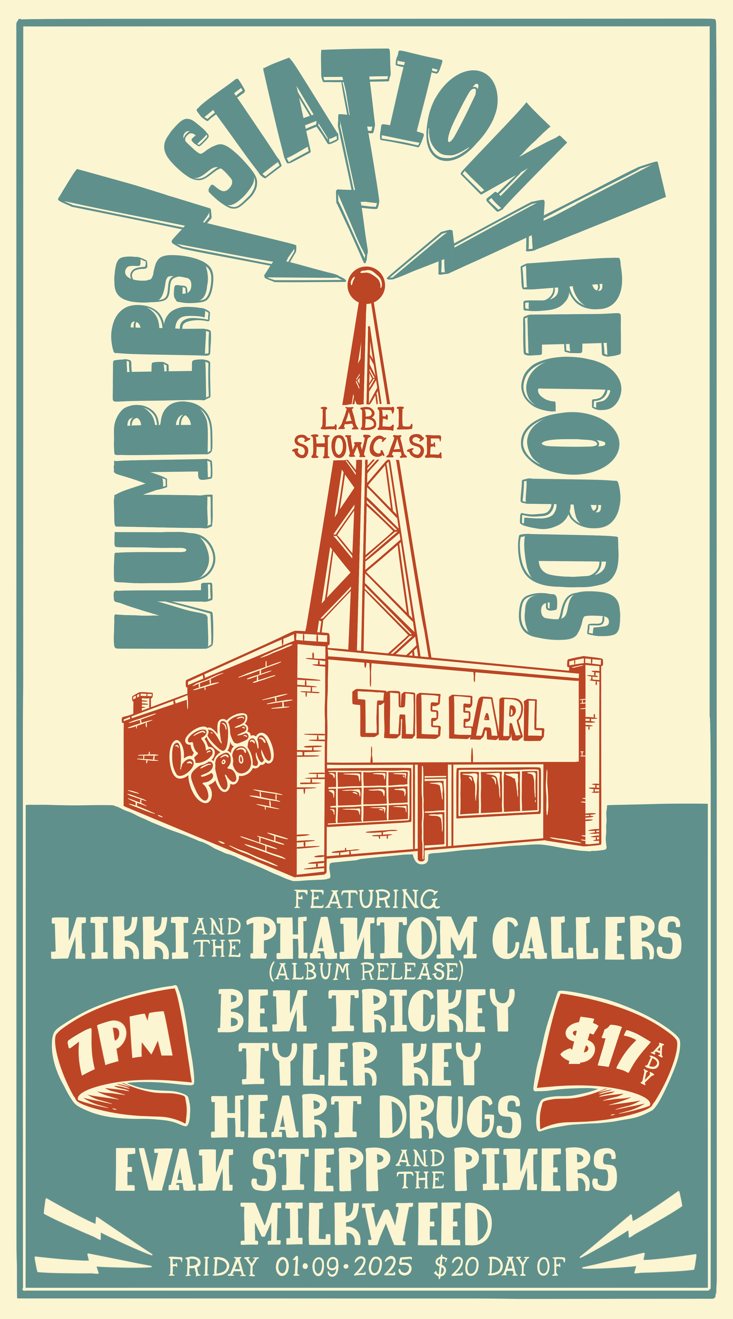 Vintage concert poster announcing a live music event at the Warehouse Records with performances by Nikki and the Phantom Callers, Ben Trickey, Tyler Key, Heart Drugs, Evan Stepp and the Pipers, and Milkweed, scheduled for Friday, January 9, 2025, wit