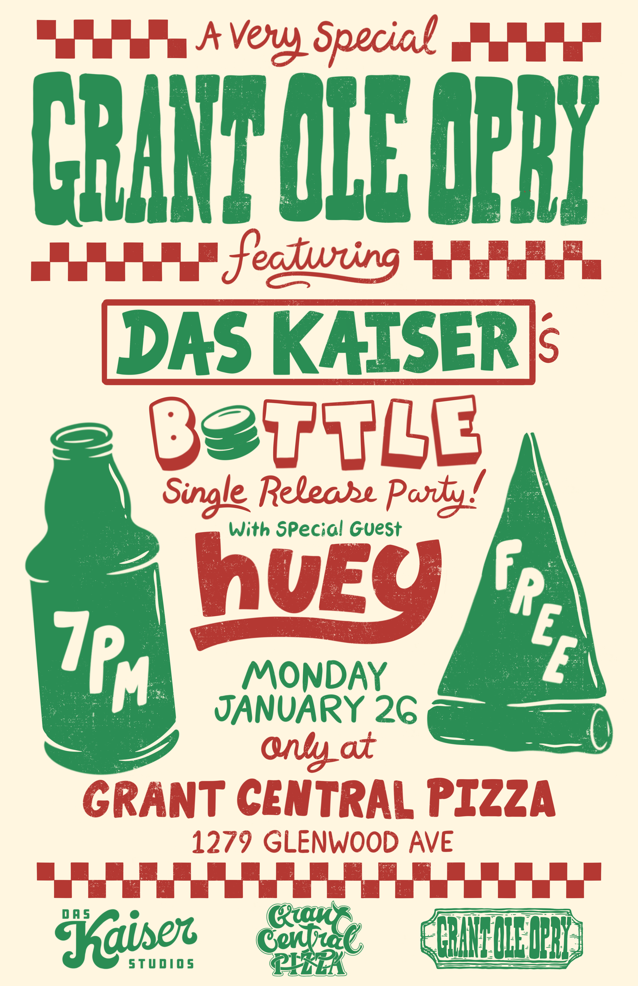 Event poster for a grand ole opry show with Das Kaiser, featuring Huey, at Grant Central Pizza on January 26 at 7 PM.