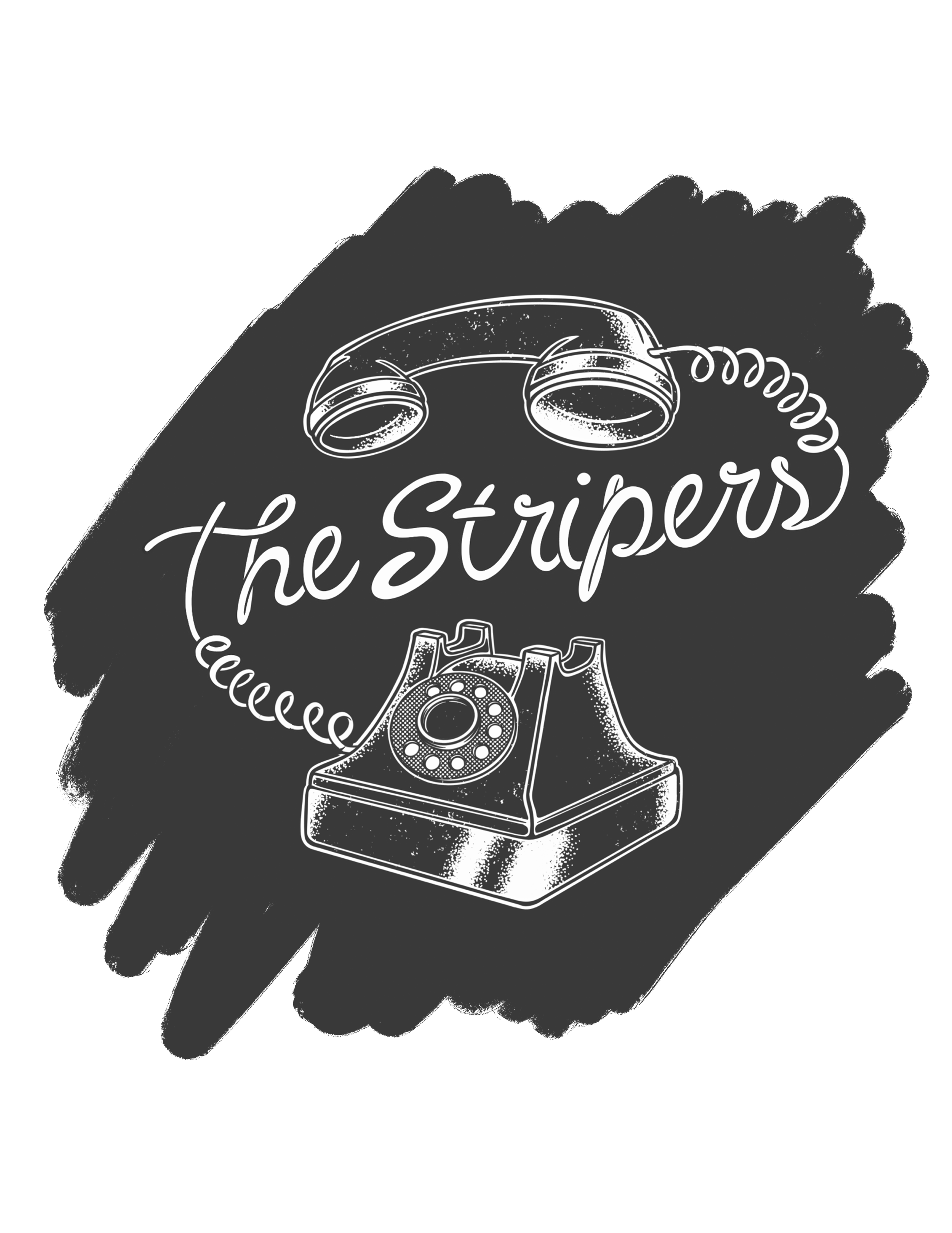 A black and white illustration of a vintage rotary telephone with the words 'the Strippers' written in cursive.