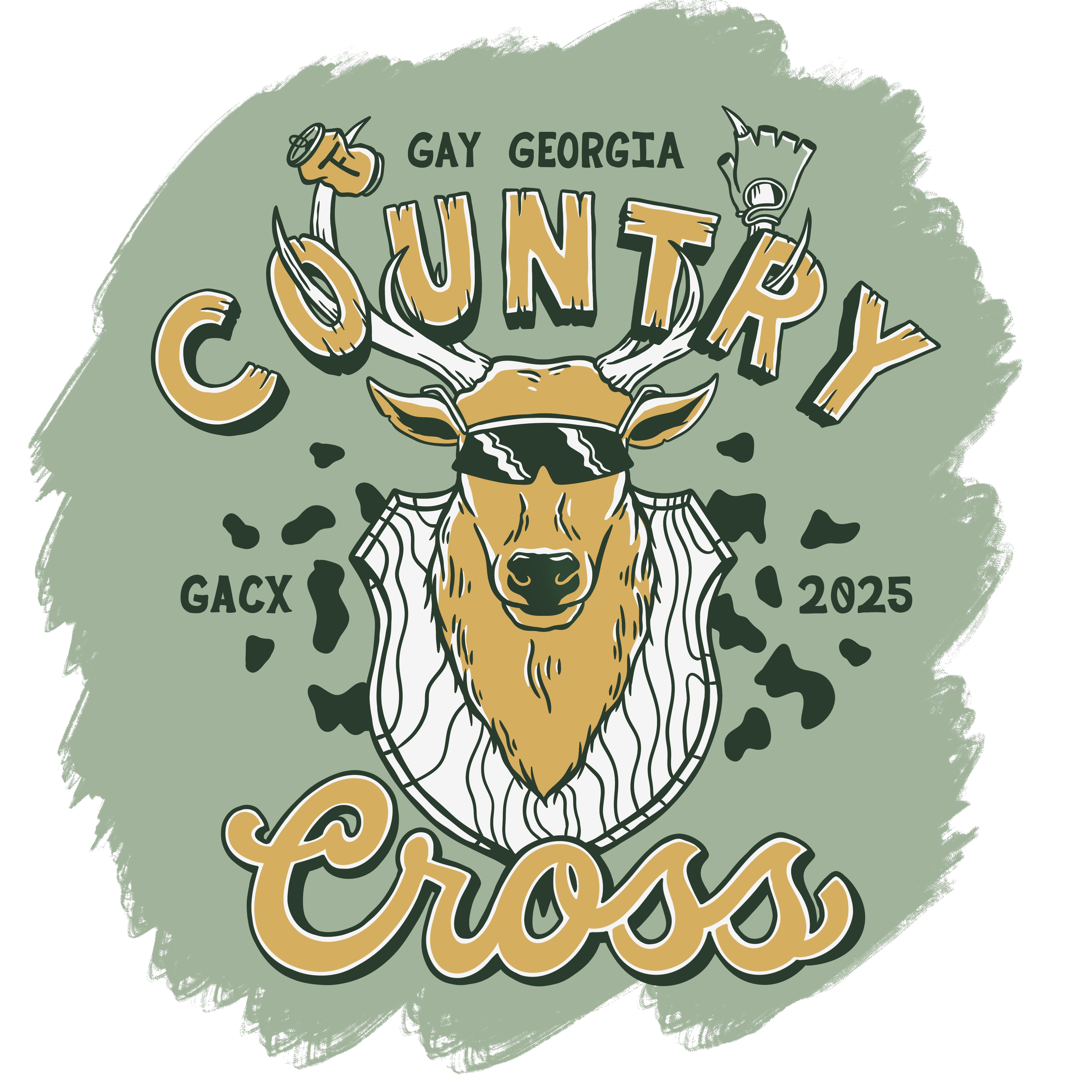 Logo for the Gay Georgia Country Cross 2025 event, featuring a stylized deer with sunglasses, antlers, and a shield background with a green and black camouflage pattern.