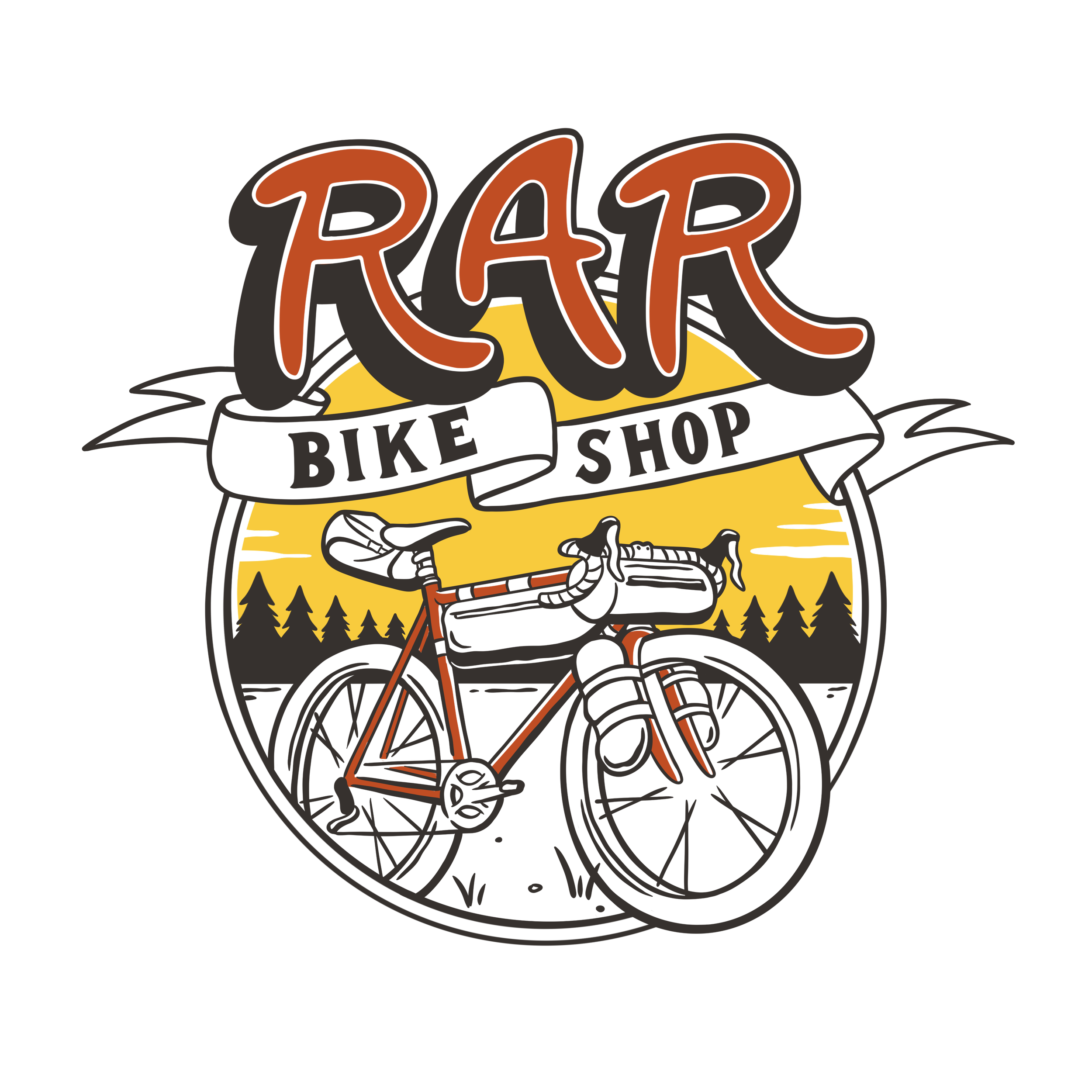 Logo for RAR Bike Shop featuring a mountain bike in front of a forest silhouette during sunset or sunrise.
