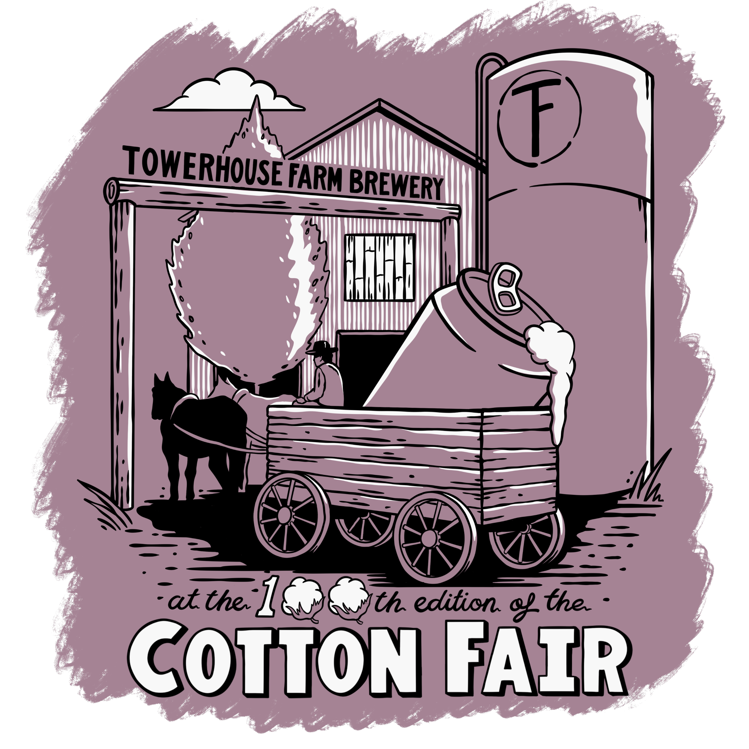 Illustration of a cotton farm scene with a person sitting on a wooden wagon filled with cotton, a horse pulling it, a large cotton gin, and a building labeled 'Towerhouse Farm Brewery' in the background. The scene is labeled 'at the 1 0th edition of 