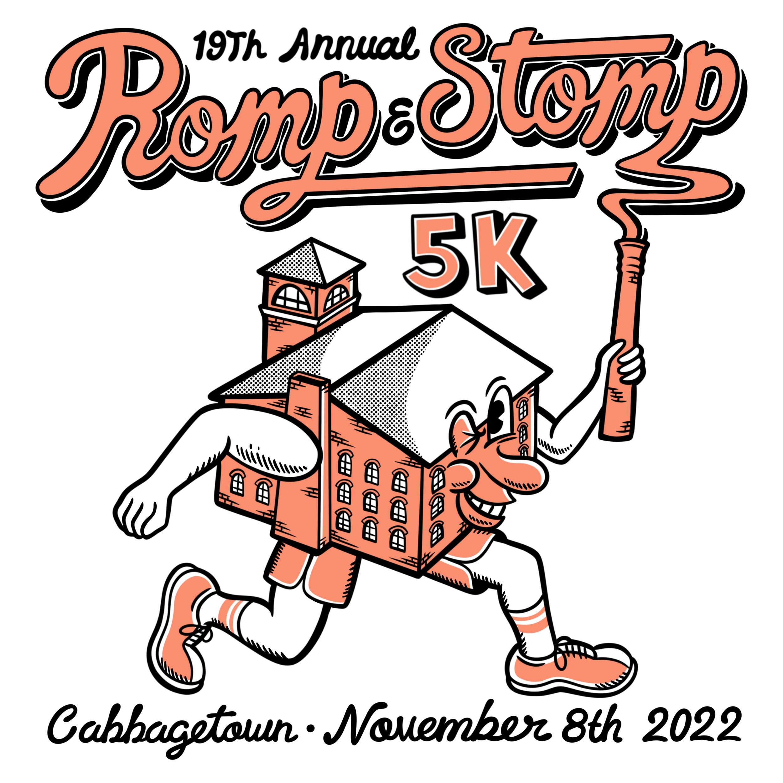 A graphic logo for the 'Romp Stomp 5K' race featuring a marching brick building with legs, a chimney with smoke, and the event name in stylized text.