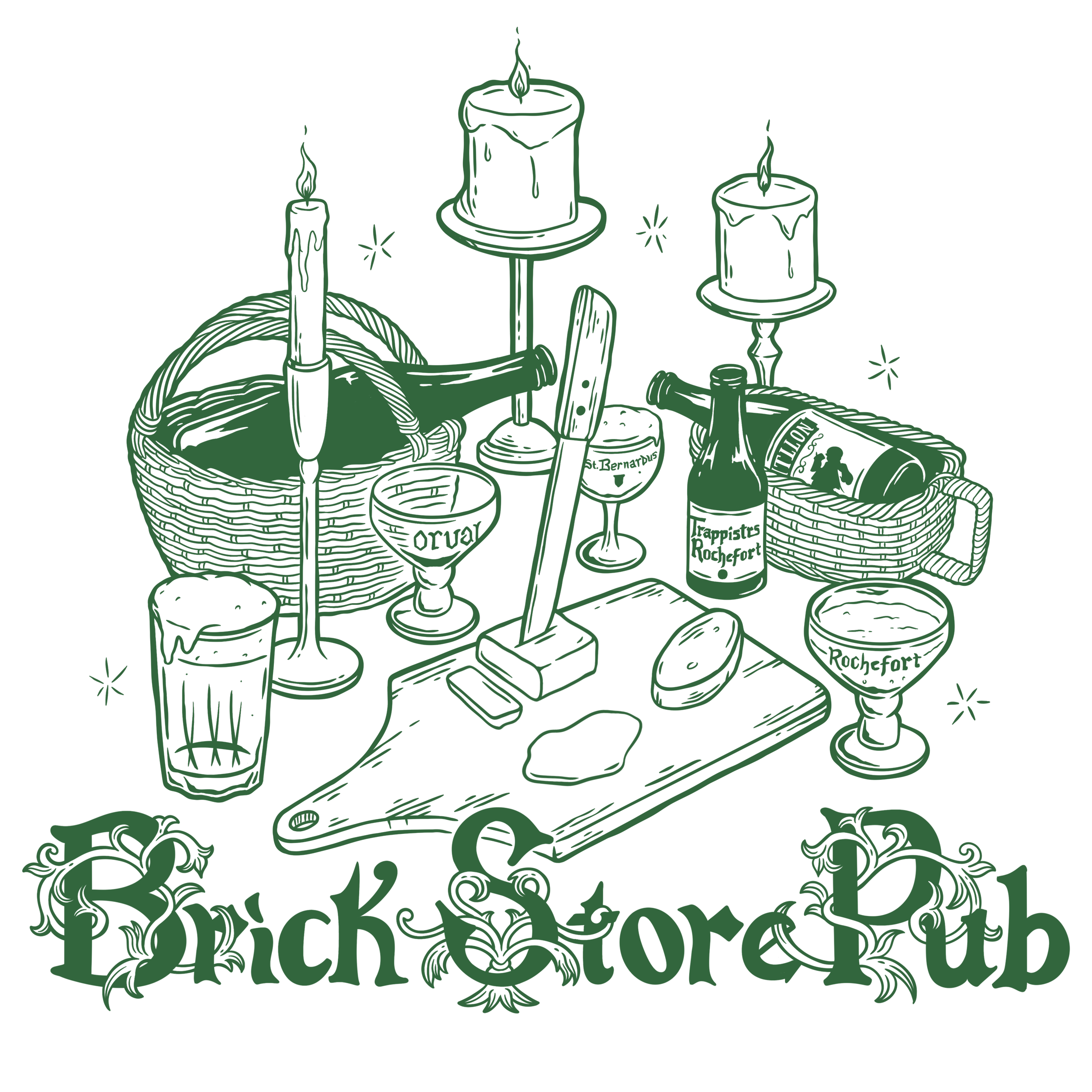 Line art illustration of a 'Brick & Mortar Pub' with candles, drinks, a cutting board with a knife and a vegetable, and a basket of snacks.