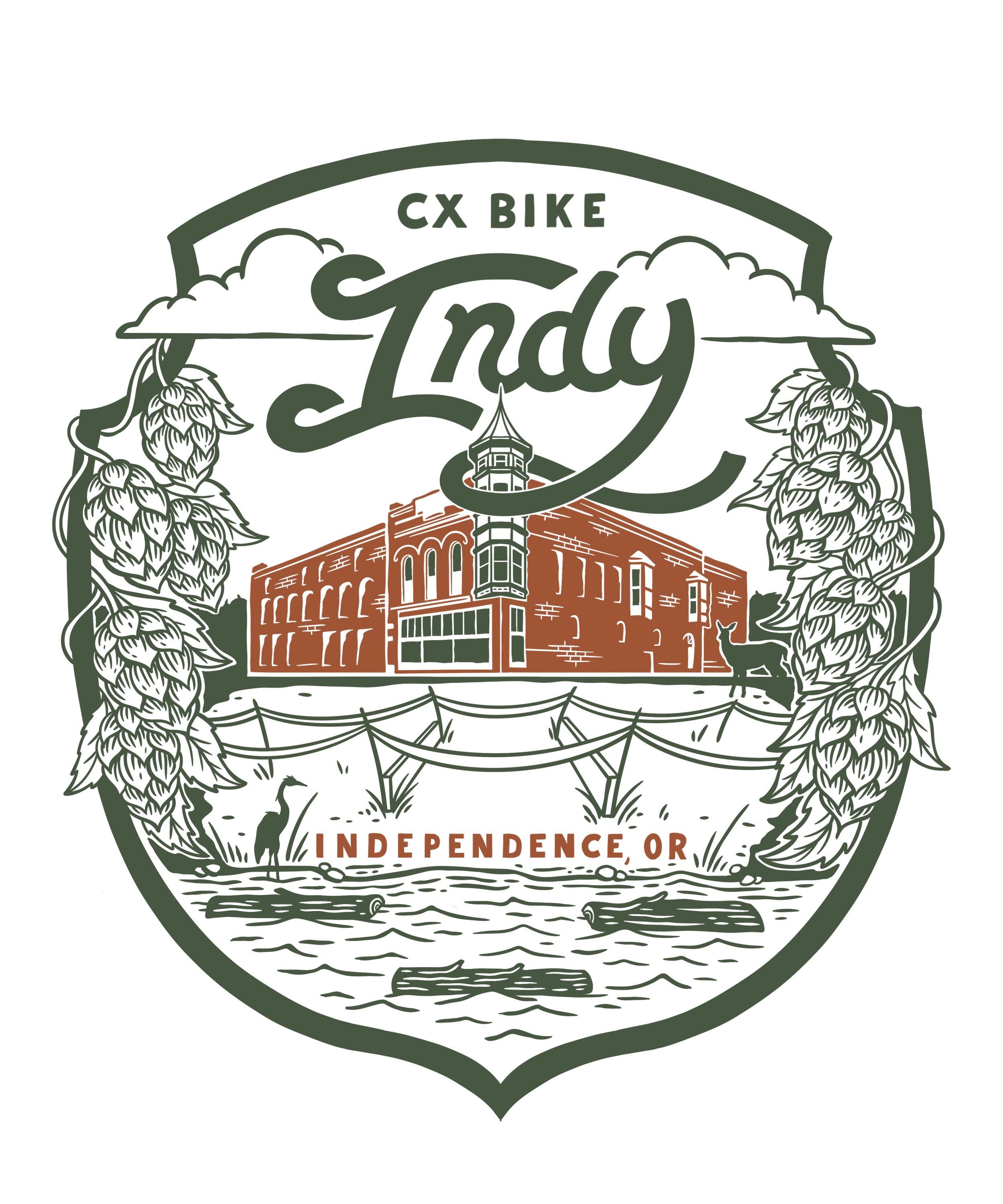Design featuring a historic building, hop hops, a river, and the words "CX BIKE Indiana" and "Independence, OR".
