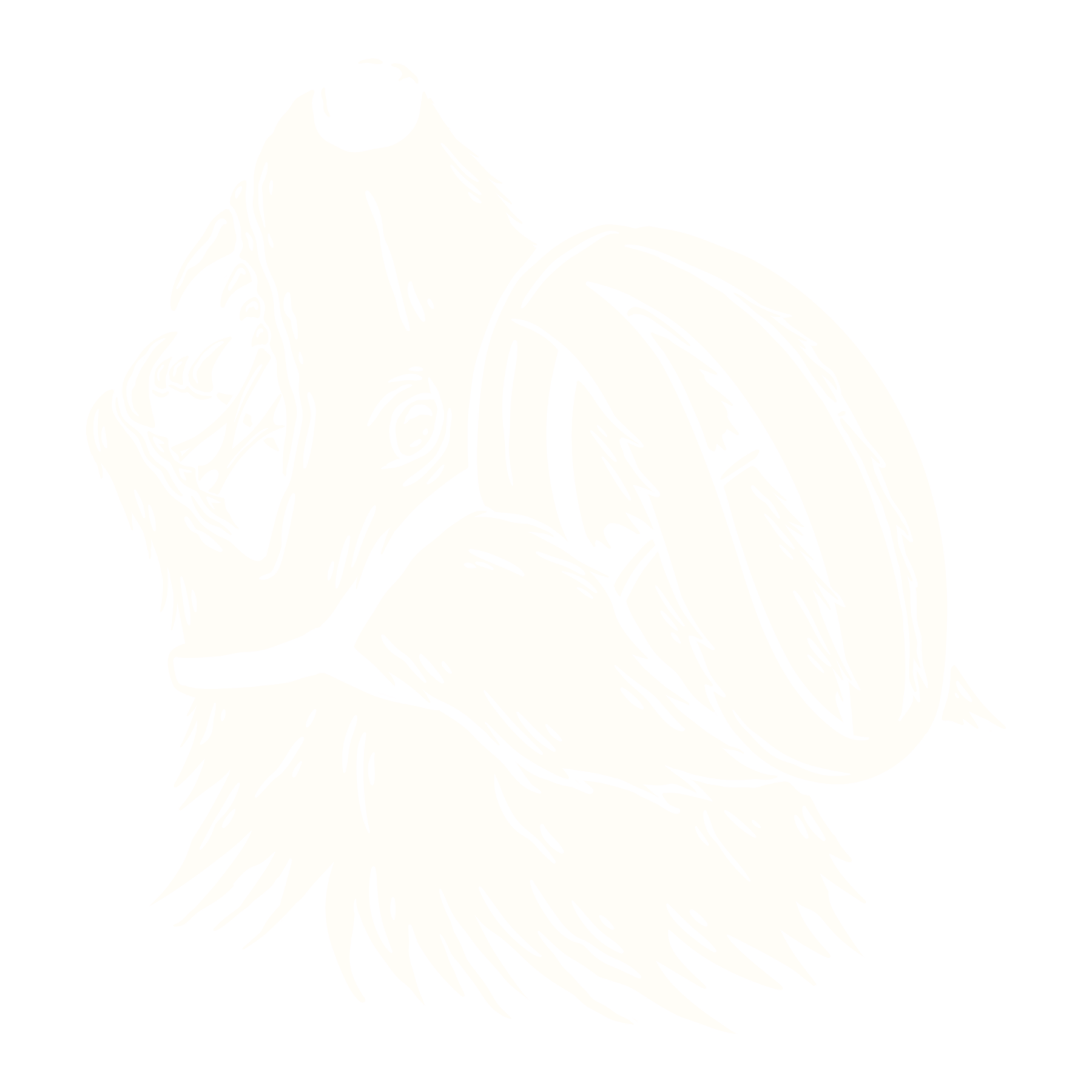 Black and white illustration of a bear's head with a forest scene on its face and an open mouth.