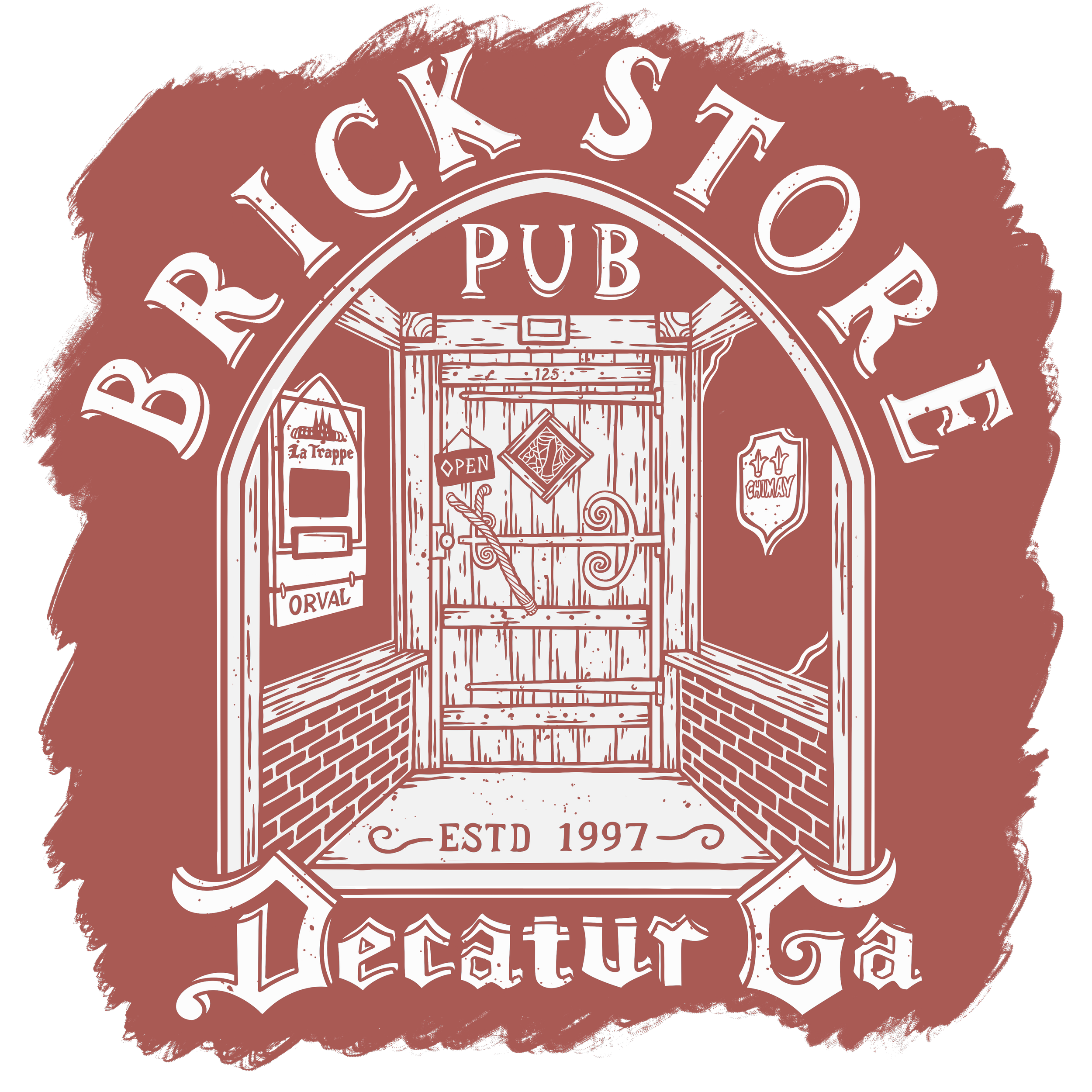 Illustration of the entrance to a bar or pub with a wooden door, signs, and brick accents. The text includes 'Bar Ticket Store Pub' at the top and 'Location' at the bottom, with 'ESTD 1997' and various posters on the walls.