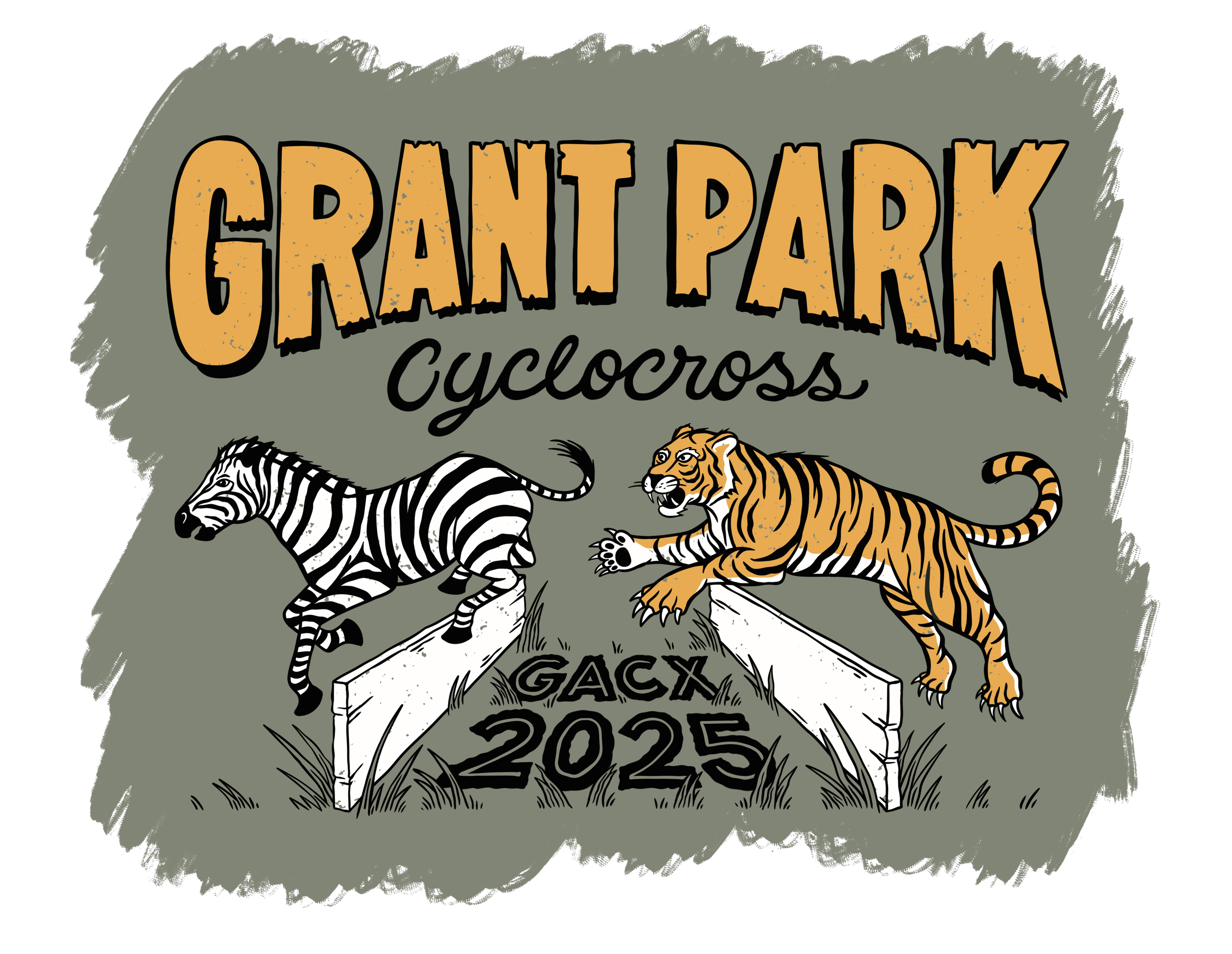 Log design for Grant Park Cyclocross 2025 event featuring a zebra and a tiger leaping over a gate with grass, with stylized text.