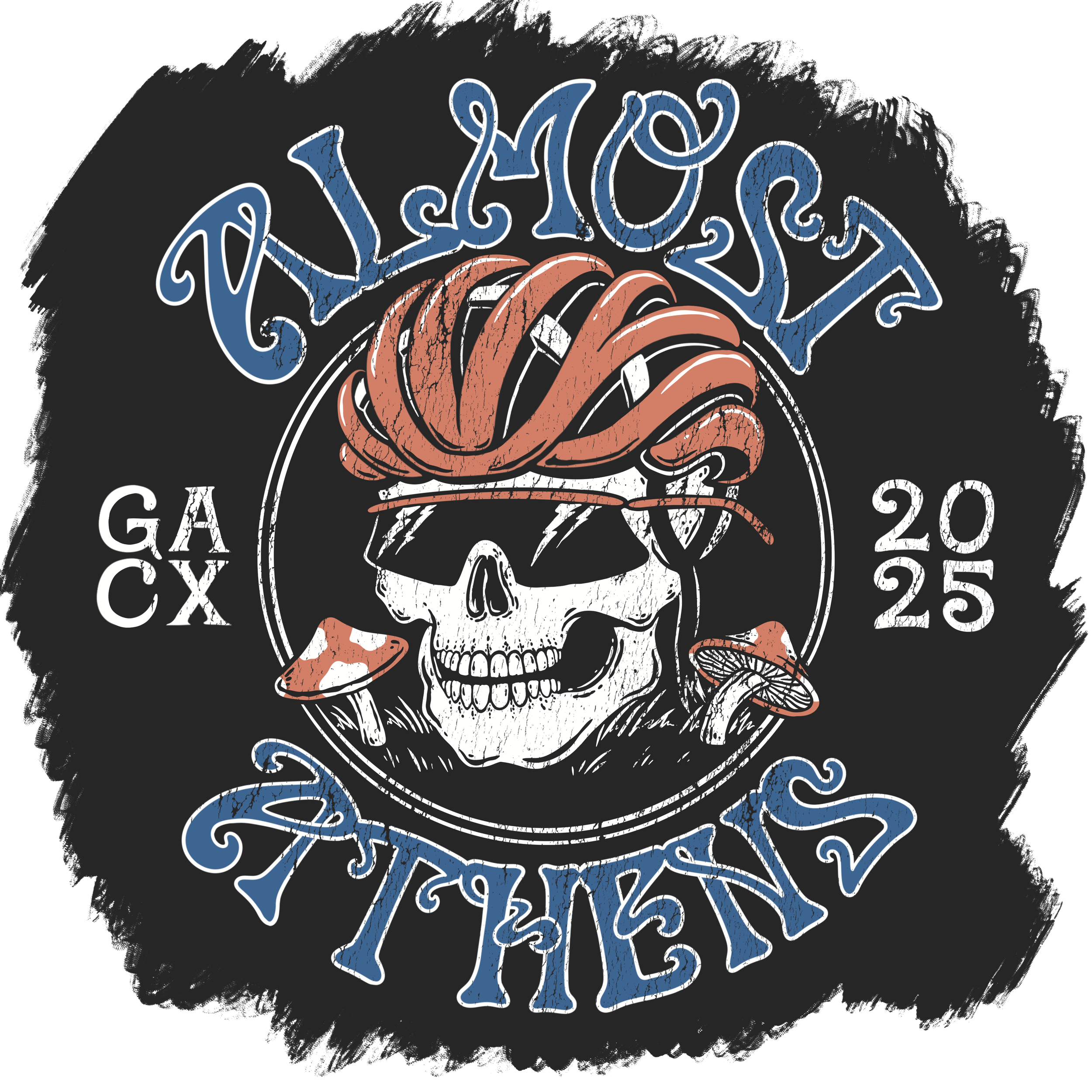 A graphic design featuring a skull with sunglasses and a bandana, surrounded by mushrooms, with the text "VILLA LOT" at the top, "VAX" and "2025" on the sides, and "GACY" at the bottom.