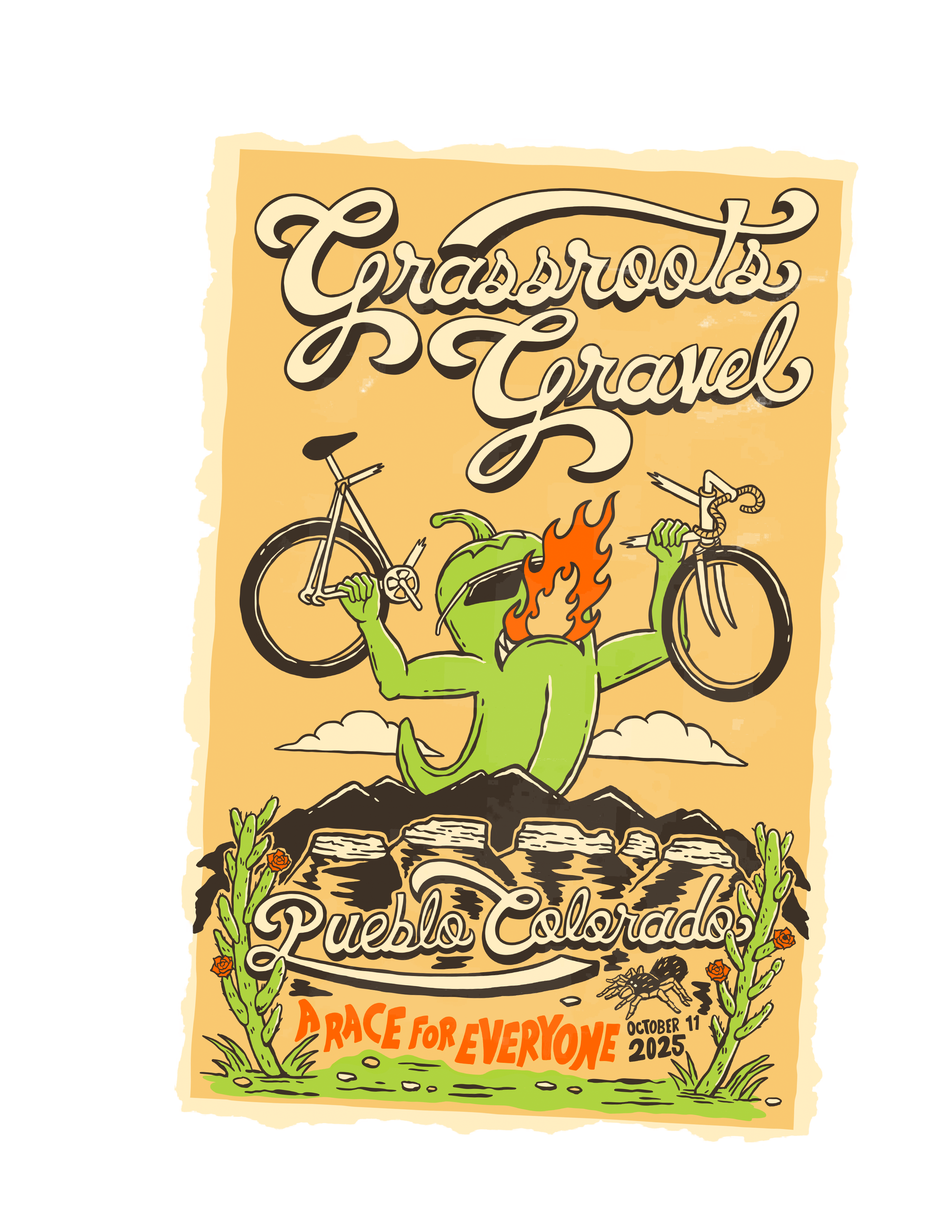 A colorful graphic poster for the Grassroots Travel event in Pueblo, Colorado. Features a green humanoid figure with flames for hair, holding a bicycle in each hand, standing on mountains. Surrounding vegetation includes cacti and flowers. Text reads