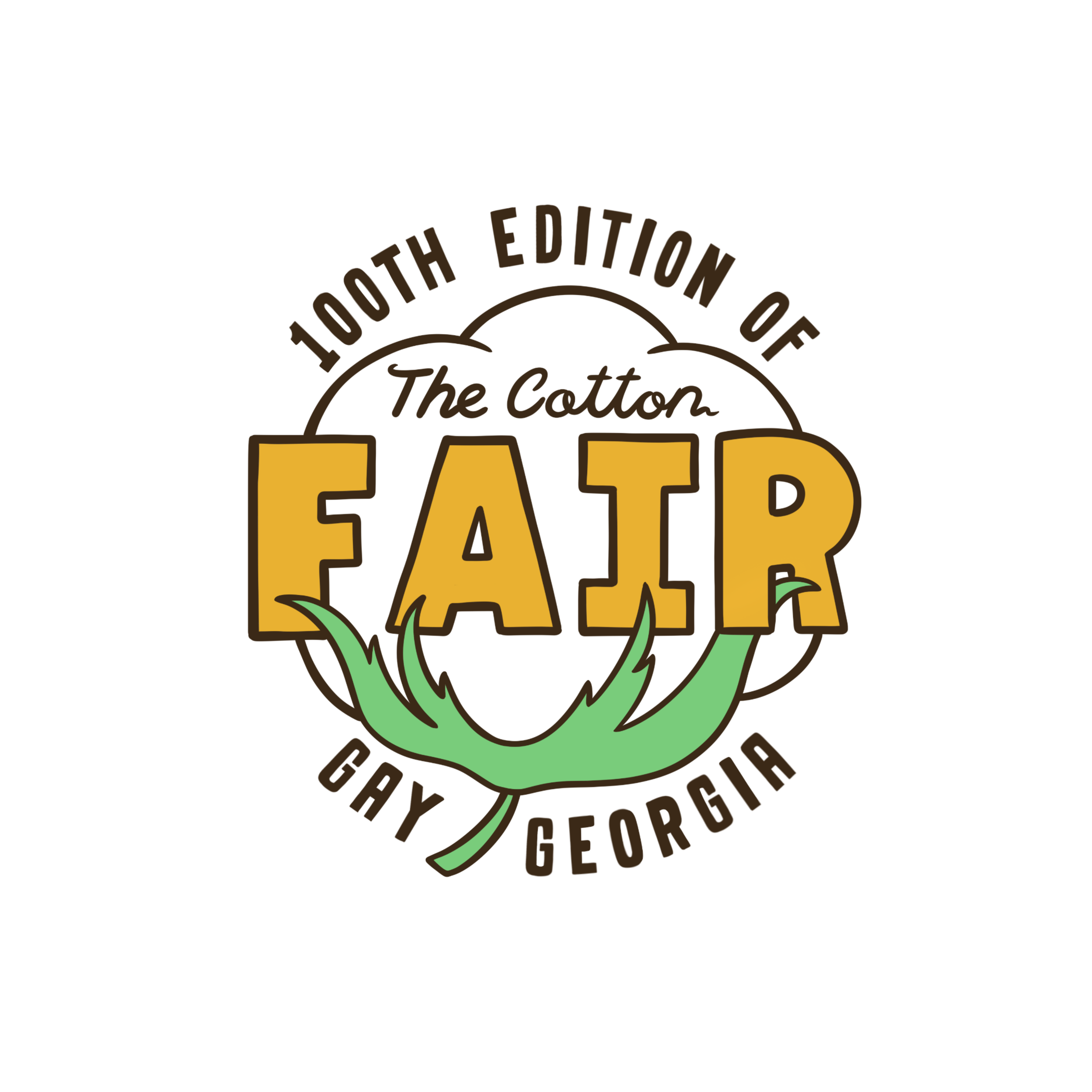 Logo for the Eaton County Fair in Gqay, featuring large yellow letters spelling "FAIR" with green laurel leaves and surrounding text indicating it's the 110th edition, held in Eaton County, Georgia.