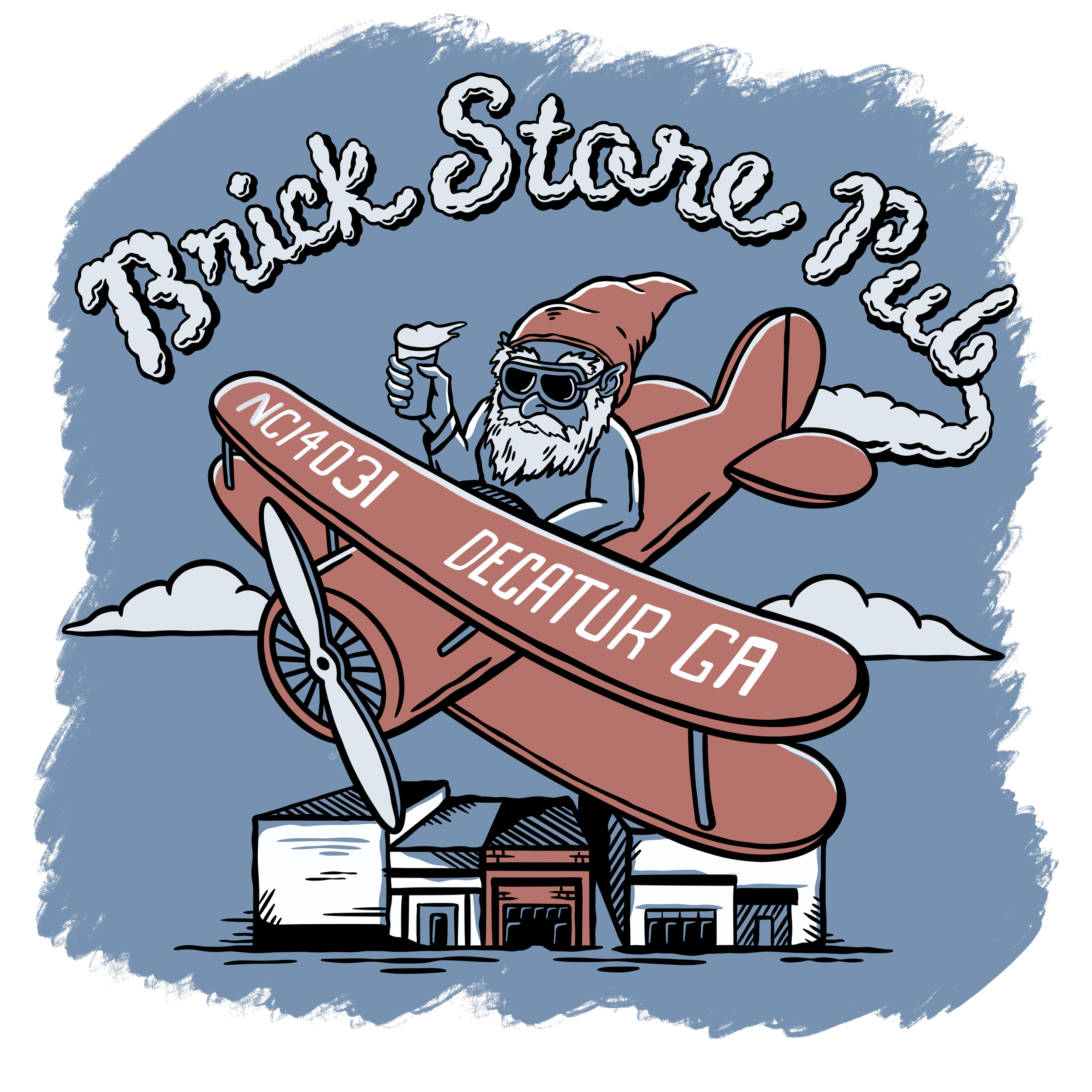 Illustration of a flying plane with Santa Claus wearing sunglasses and holding a drink, parked over a building. The plane has the text 'N04O3J' and 'DECATUR GA' on it. The background includes clouds and the text 'Trick Store JD' in a stylized font.