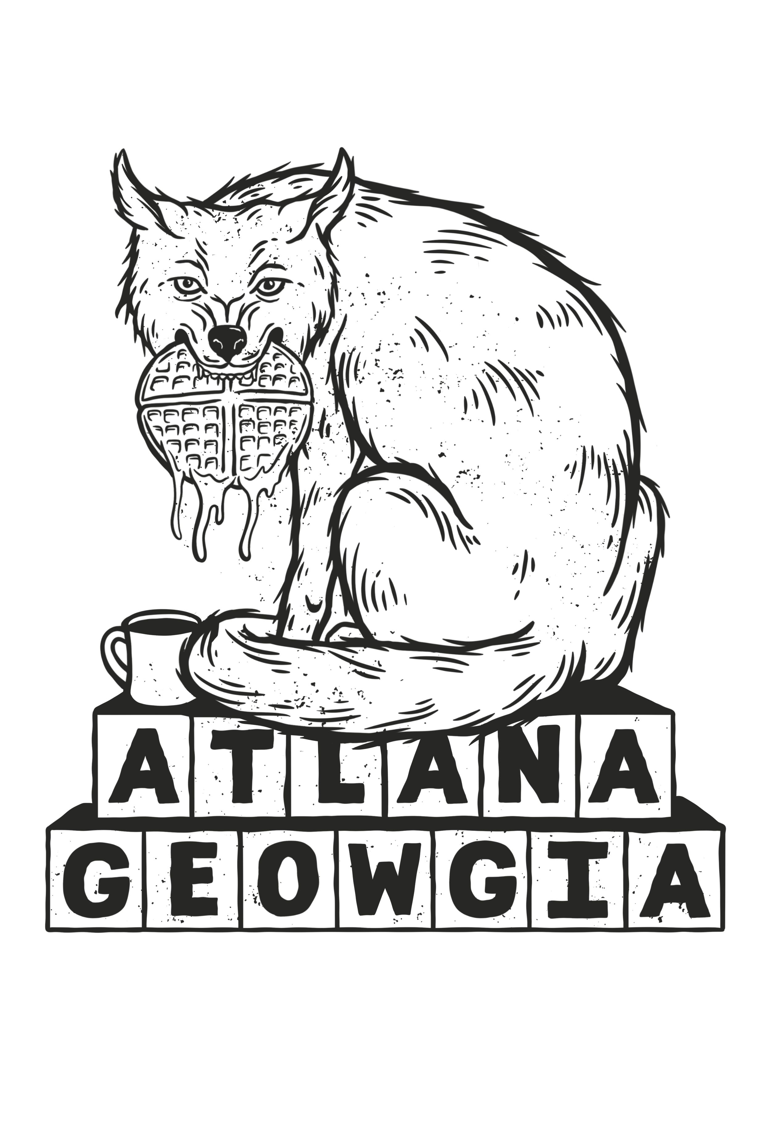 A black and white illustration of a wolf holding a pizza in its mouth, sitting behind a cup and a plate, with the word "ATLANTA" in block letters and "GEORGIA" in blocks underneath.