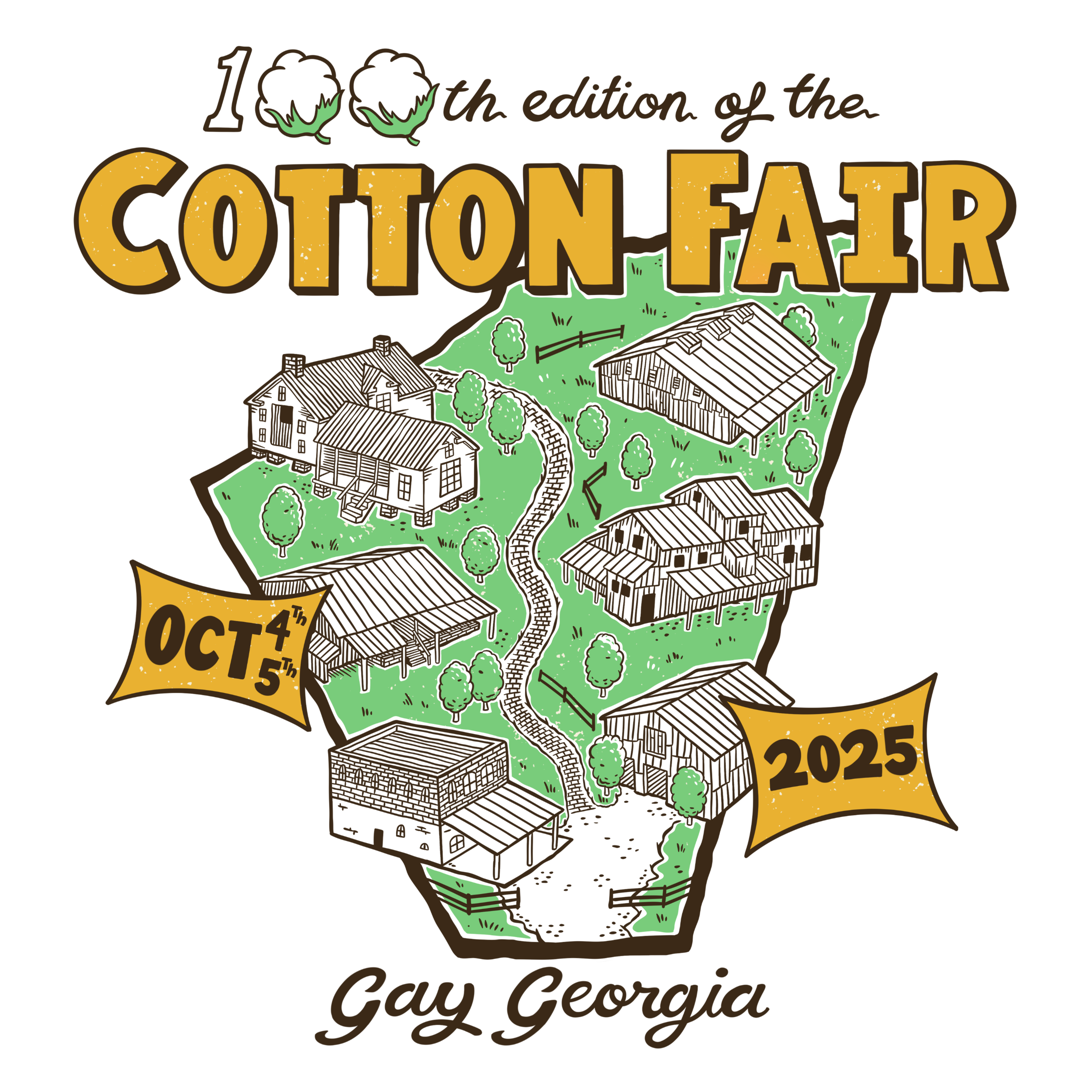 Illustration of the 10th edition of the Cotton Fair in Gay, Georgia, scheduled for October 4th and 5th, 2025. The graphic features a hand-drawn map of the fairgrounds with buildings, pathways, trees, and a pond.