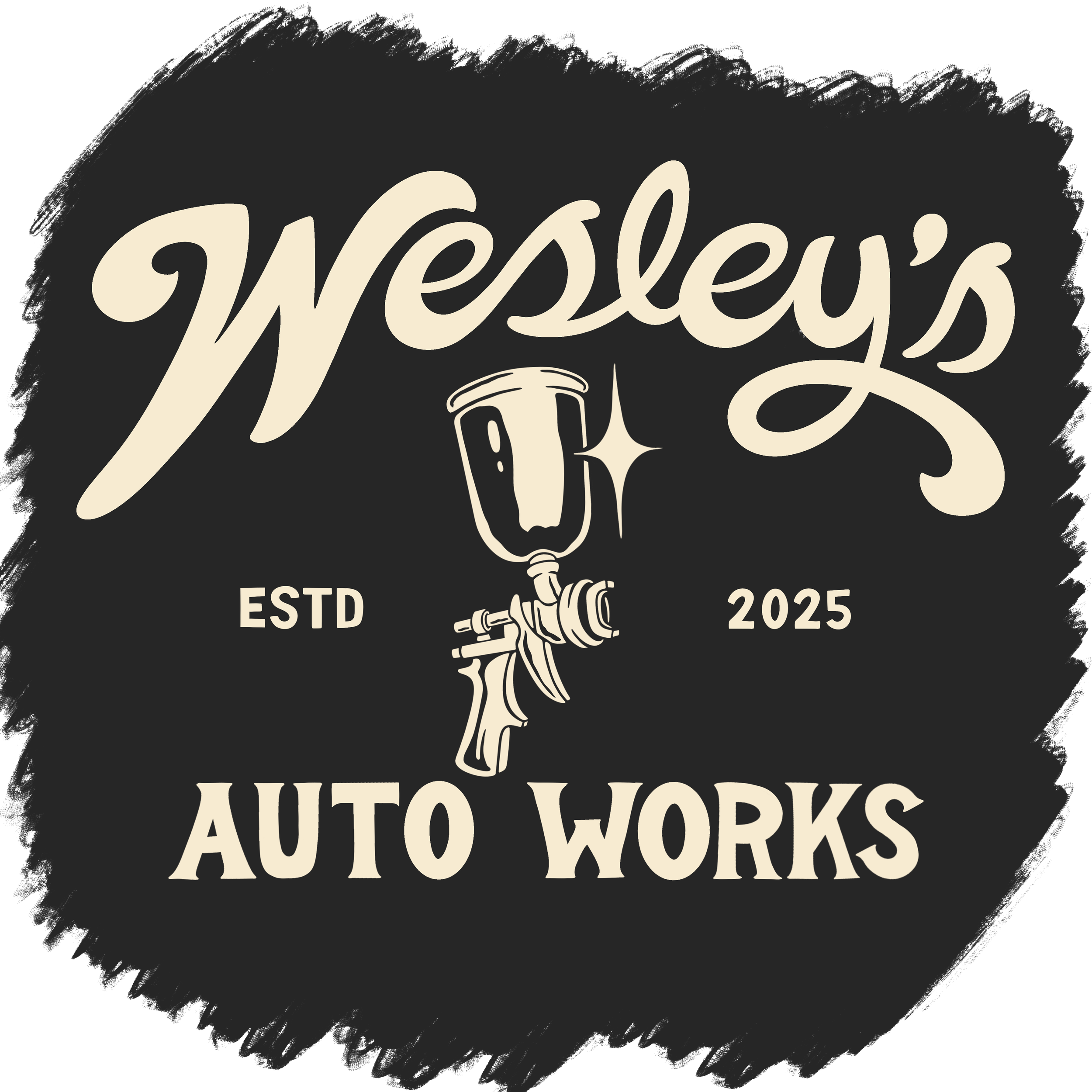 Wesley's Auto Works logo with stylized text, an air spray gun illustration, and the establishment year 2025 on a black background.