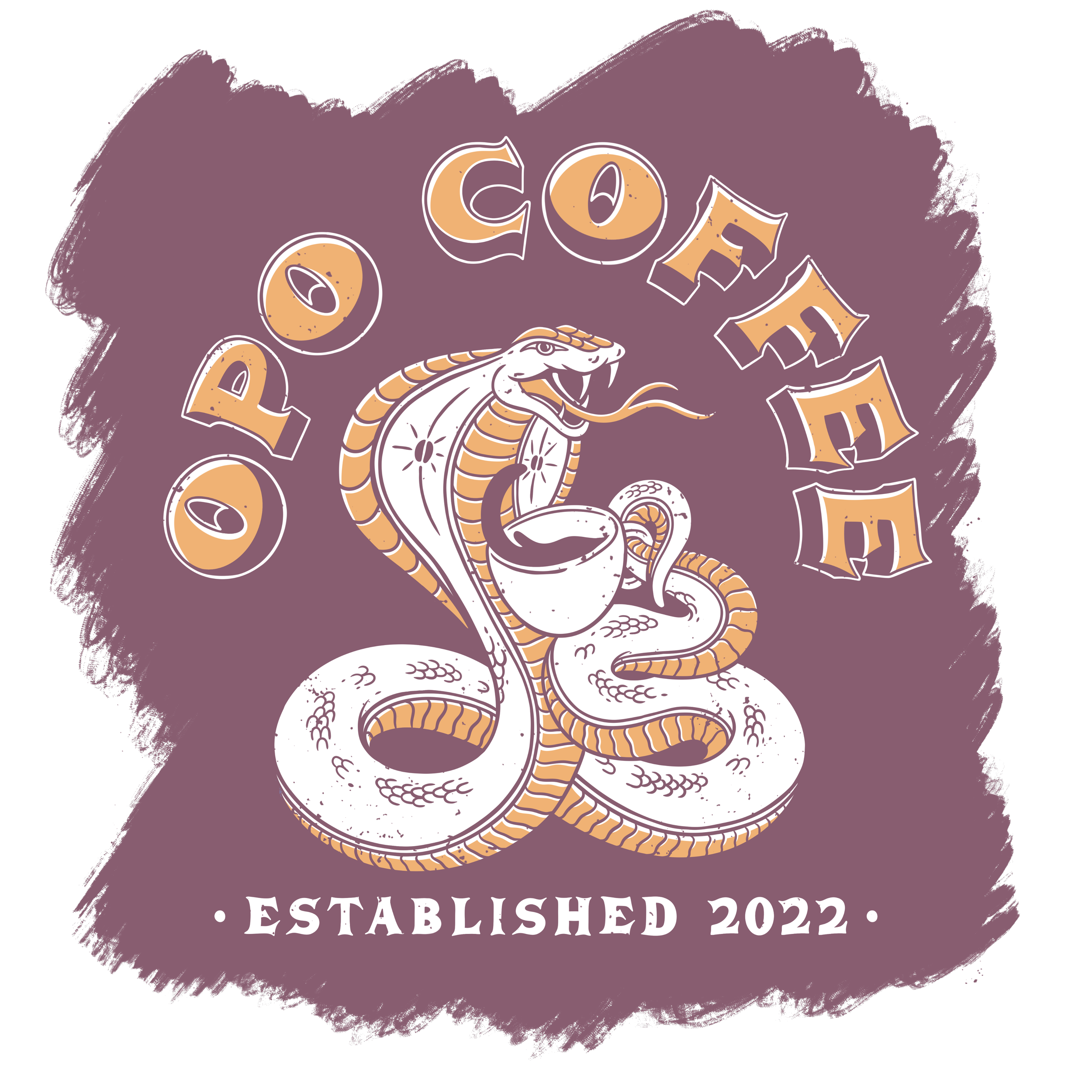 Logo for Opal Coffee with a coiled snake forming a coffee cup and steam, feature text "OPAL COFFEE" and "ESTABLISHED 2022" on a purple textured background.