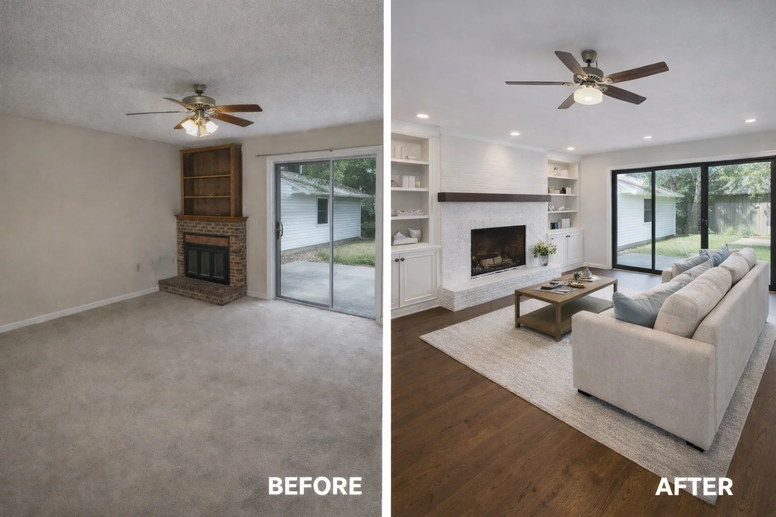 Before and after living room renovation in Covington, Louisiana featuring updated fireplace, built-in shelving, hardwood flooring, recessed lighting, and modern finishes.