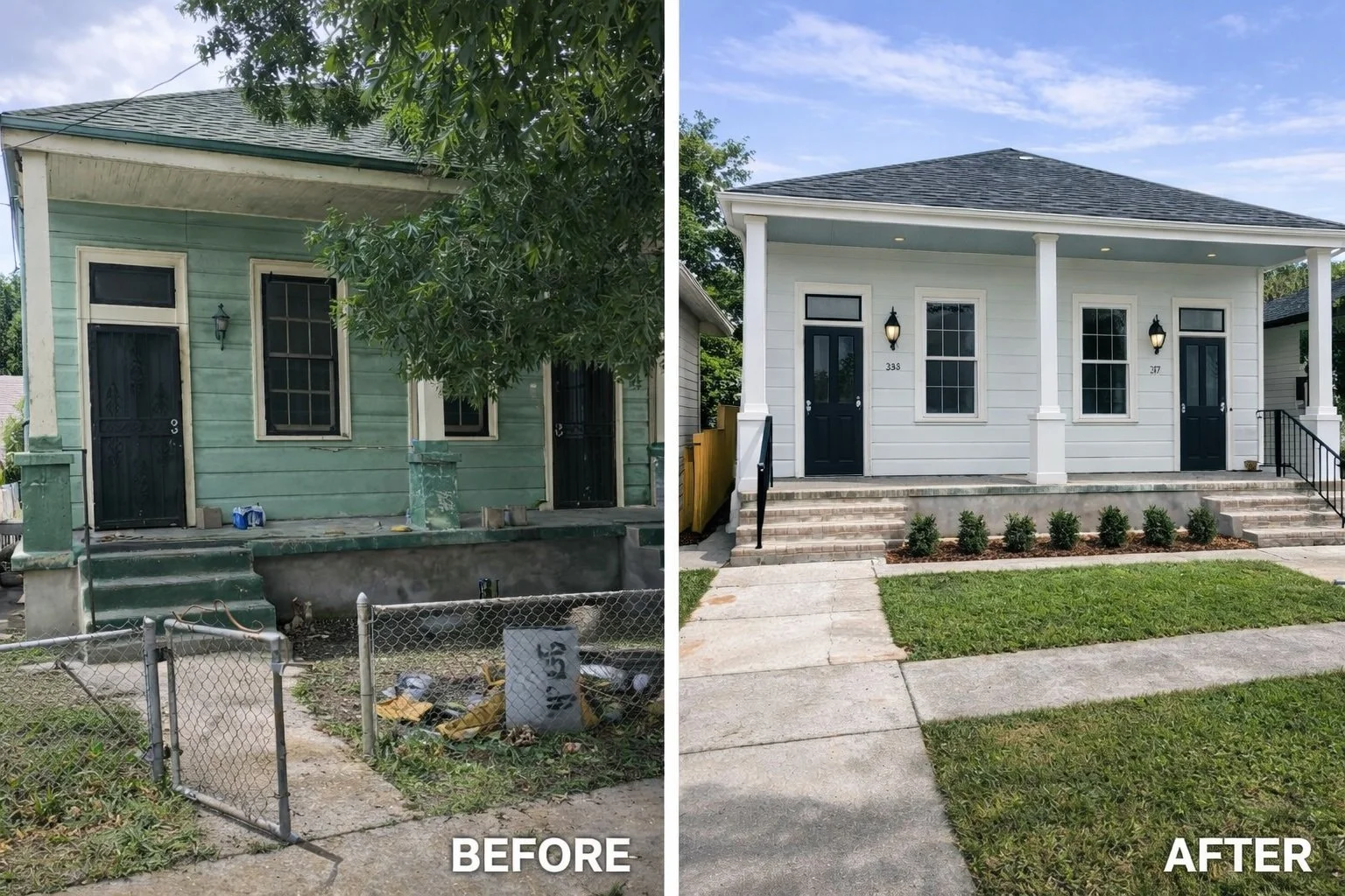 Before and after home exterior renovation by Grand Rising Construction in Covington Louisiana
