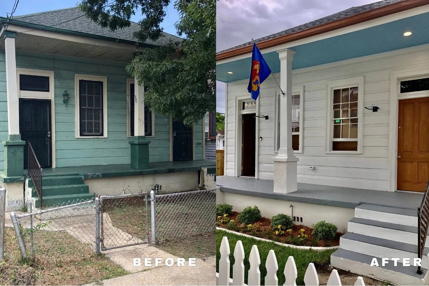 Before and after home exterior renovation by Grand Rising Construction in New Orleans, Louisiana