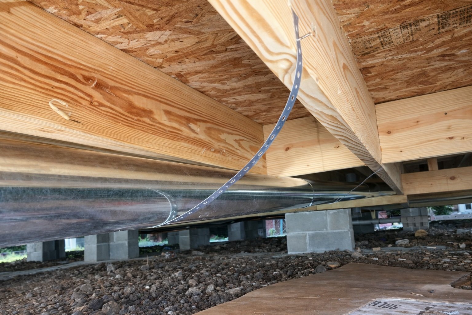 Crawlspace view showing floor joists and subfloor repair, HVAC ductwork, and pier foundation support beneath a raised residential structure.