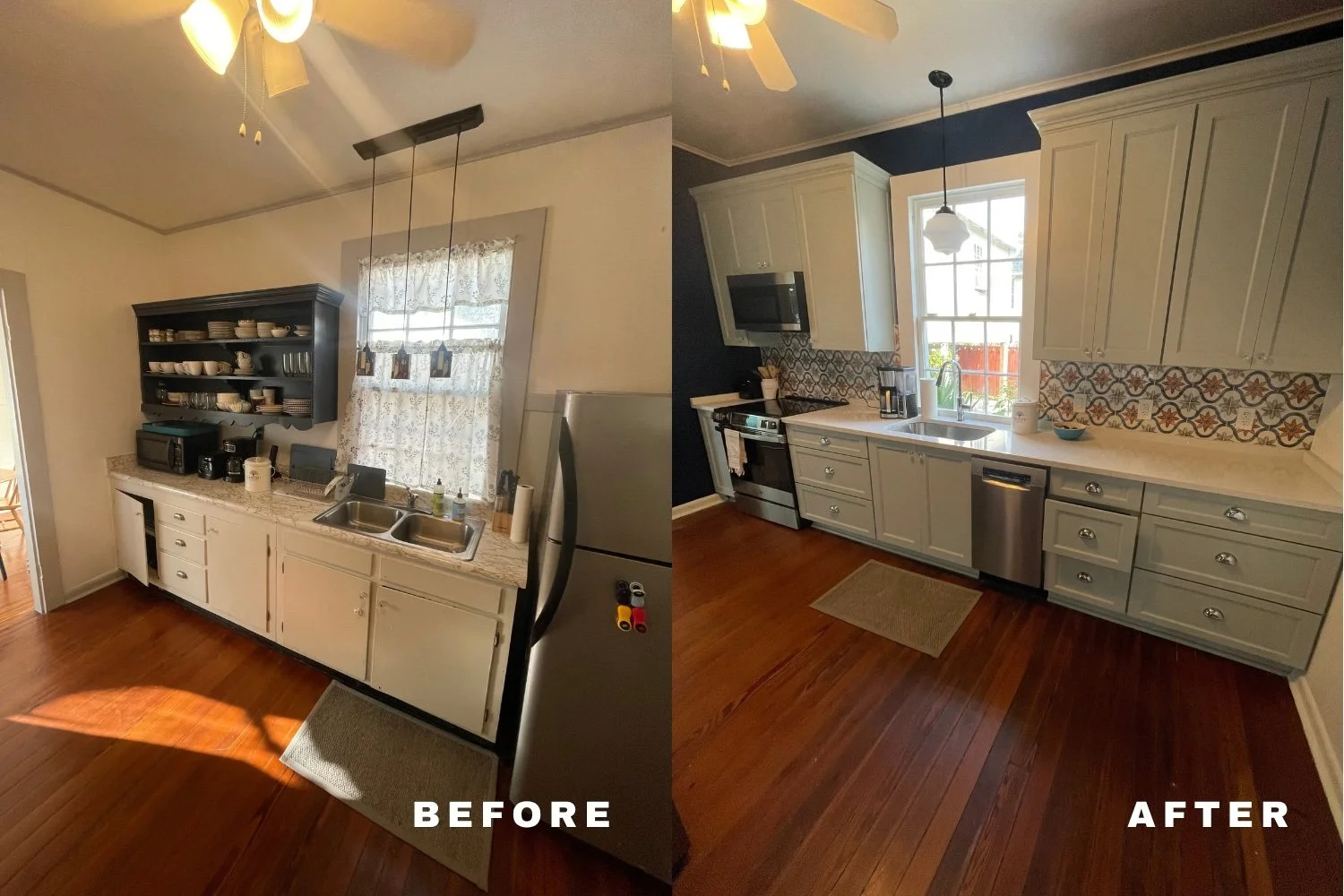 Kitchen remodel before and after by Grand Rising Construction in New Orleans Louisiana with modern cabinets and countertops
