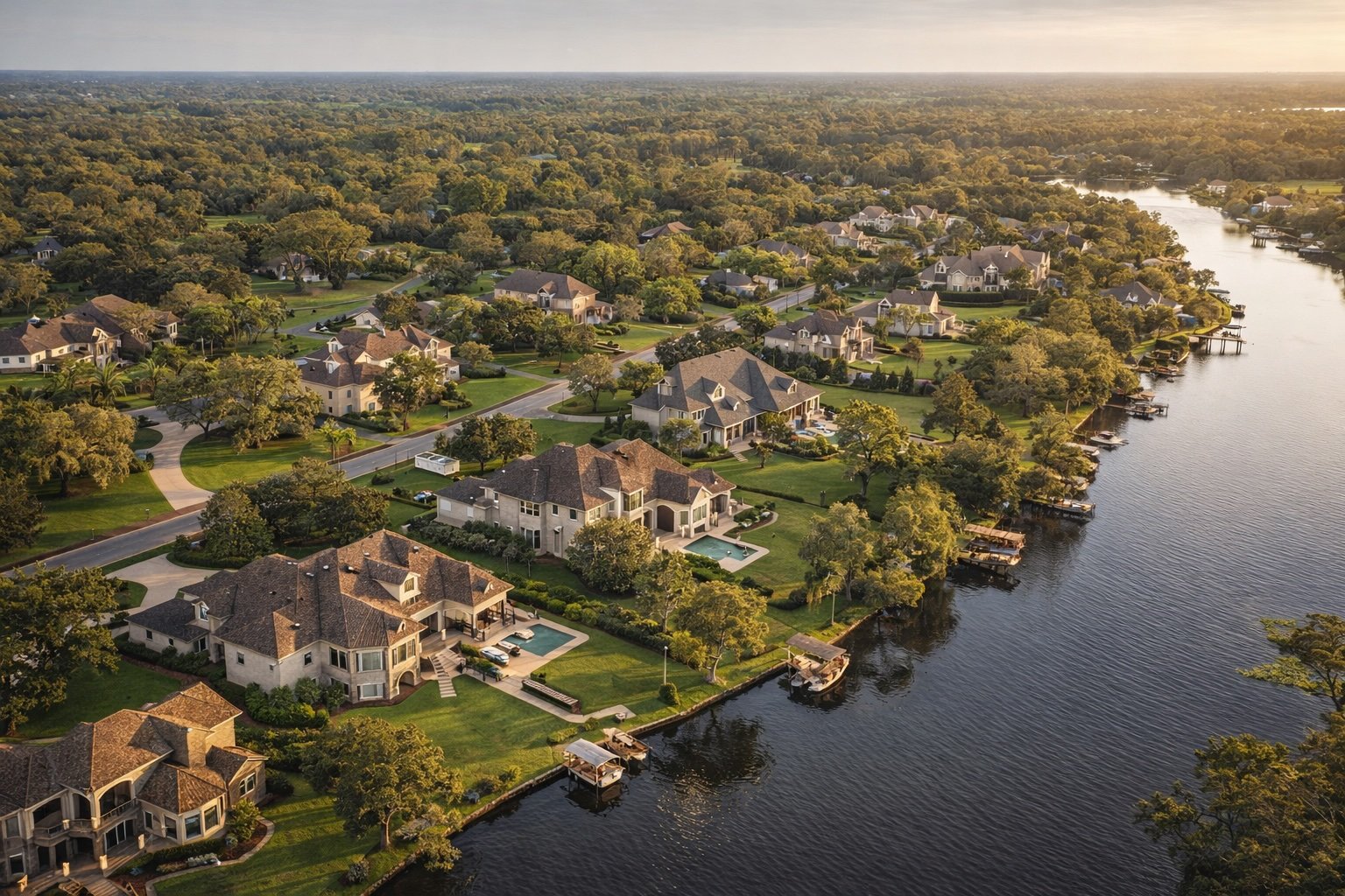 Ultra-photorealistic aerial drone view of luxury waterfront homes in Covington, Louisiana on the Northshore, featuring expansive rooflines, large lots, and Gulf South architecture at golden hour.