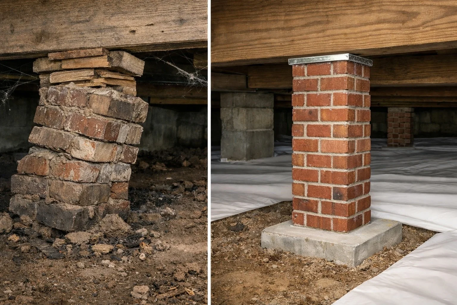 Before and after brick pier foundation repair in Madisonville, Louisiana crawlspace showing leaning deteriorated masonry pier replaced with code-compliant plumb brick pier on reinforced concrete footing with vapor barrier installed.
