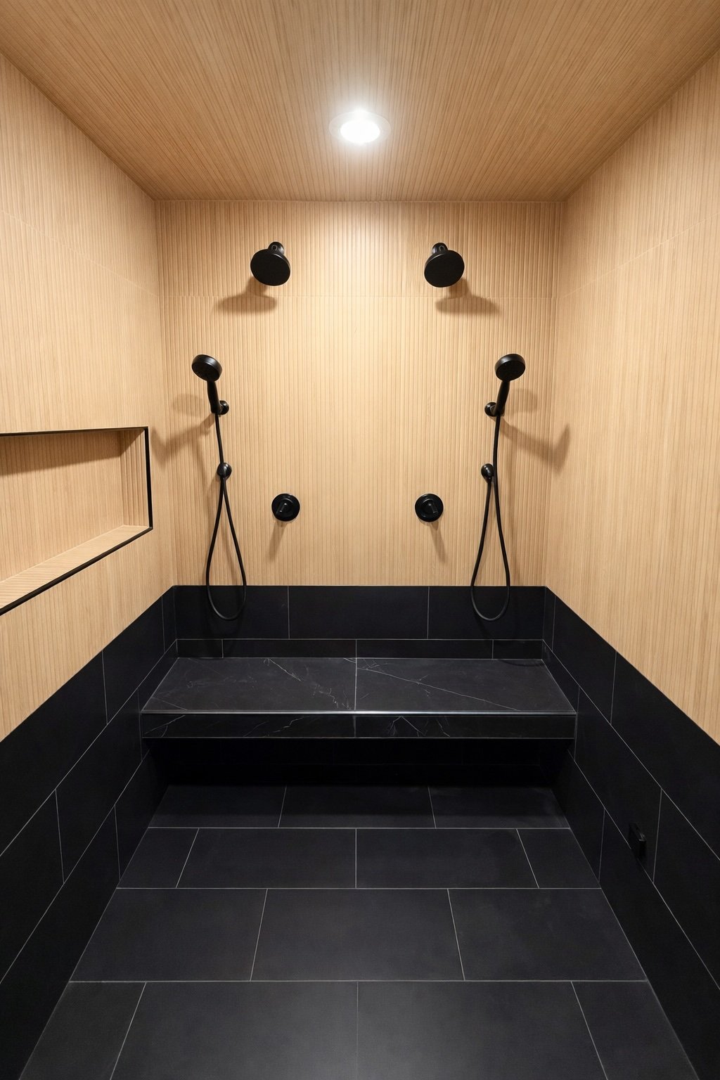 Modern double shower with custom tile walls, built-in bench seating, and matte black fixtures in a luxury bathroom remodel