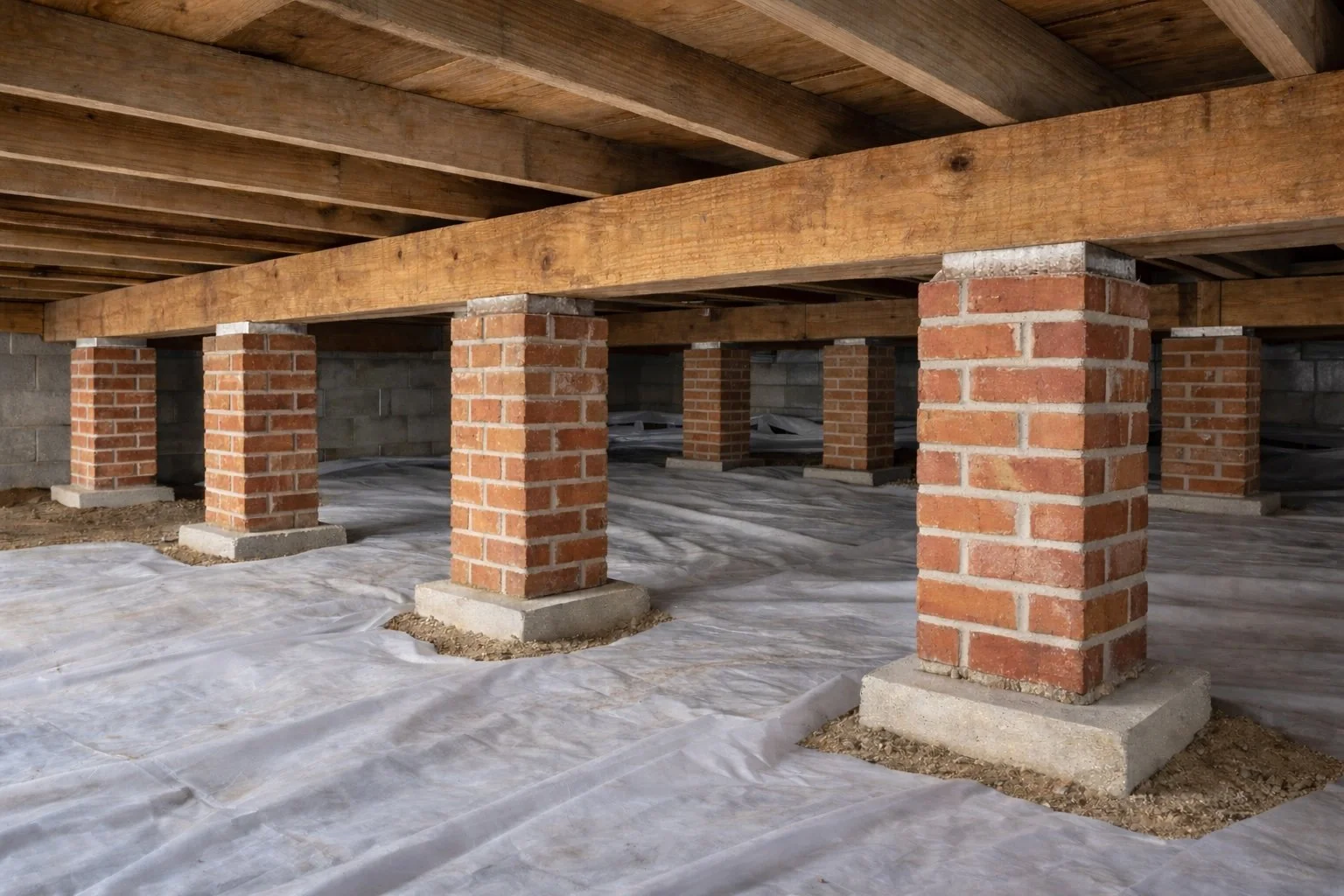 Brick pier foundation repair supporting raised home crawlspace in South Louisiana