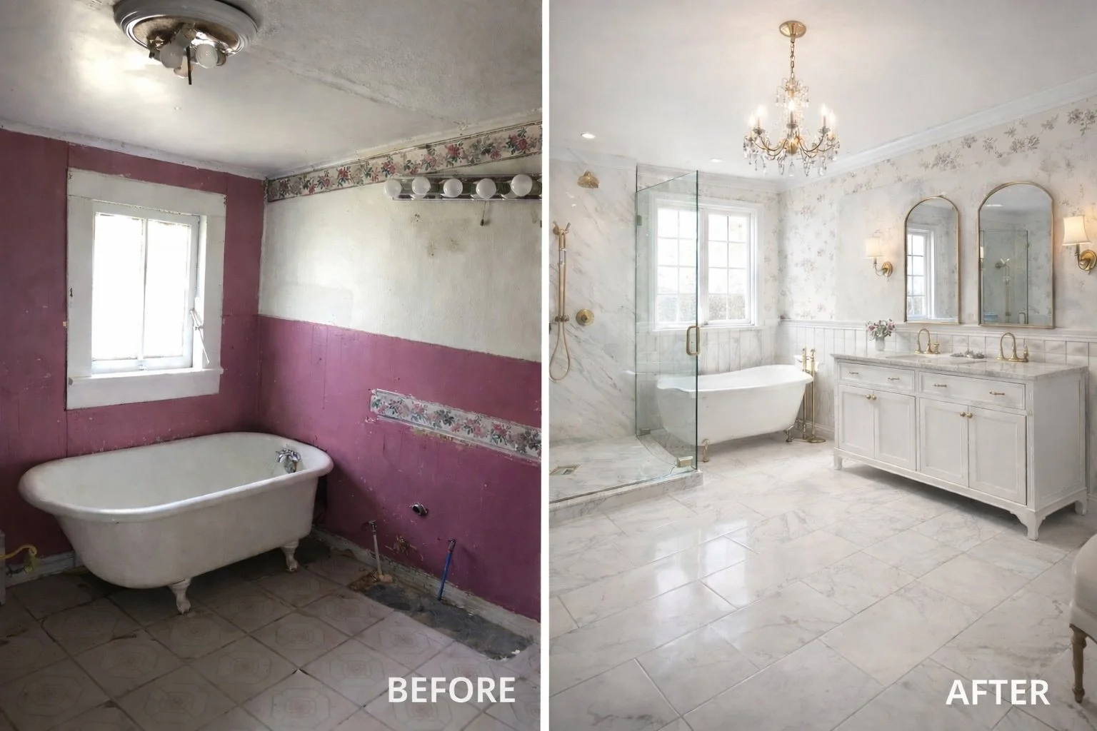Bathroom remodel before and after in Northshore Louisiana featuring new shower, vanity, and tile