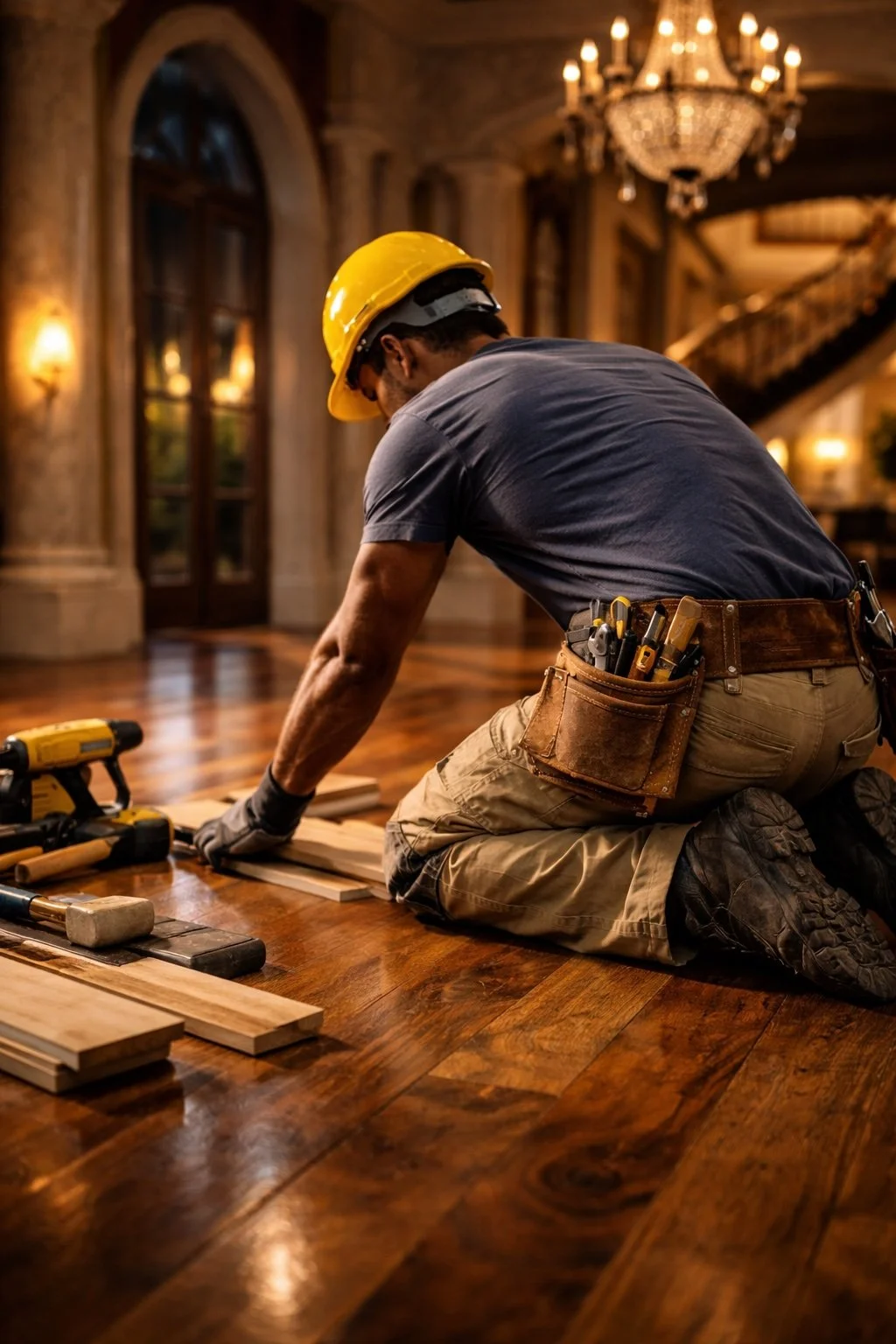 Professional contractor installing hardwood flooring in a luxury residential home on the Northshore of Louisiana