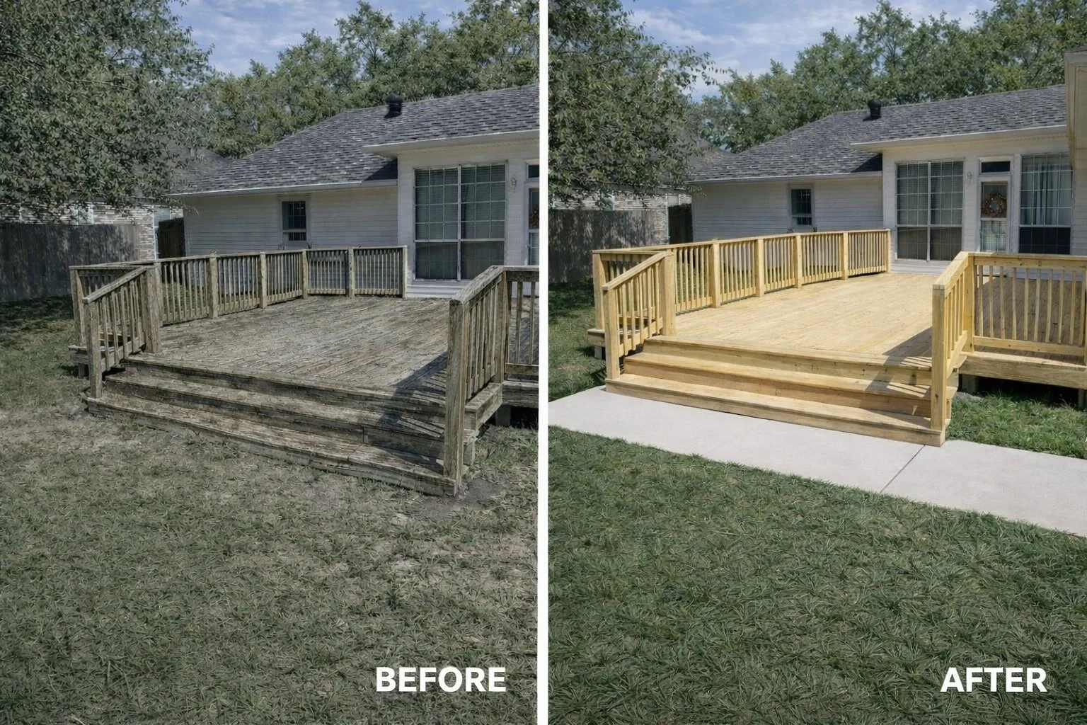 Deck rebuild before and after in Mandeville Louisiana showing new wood decking and railings