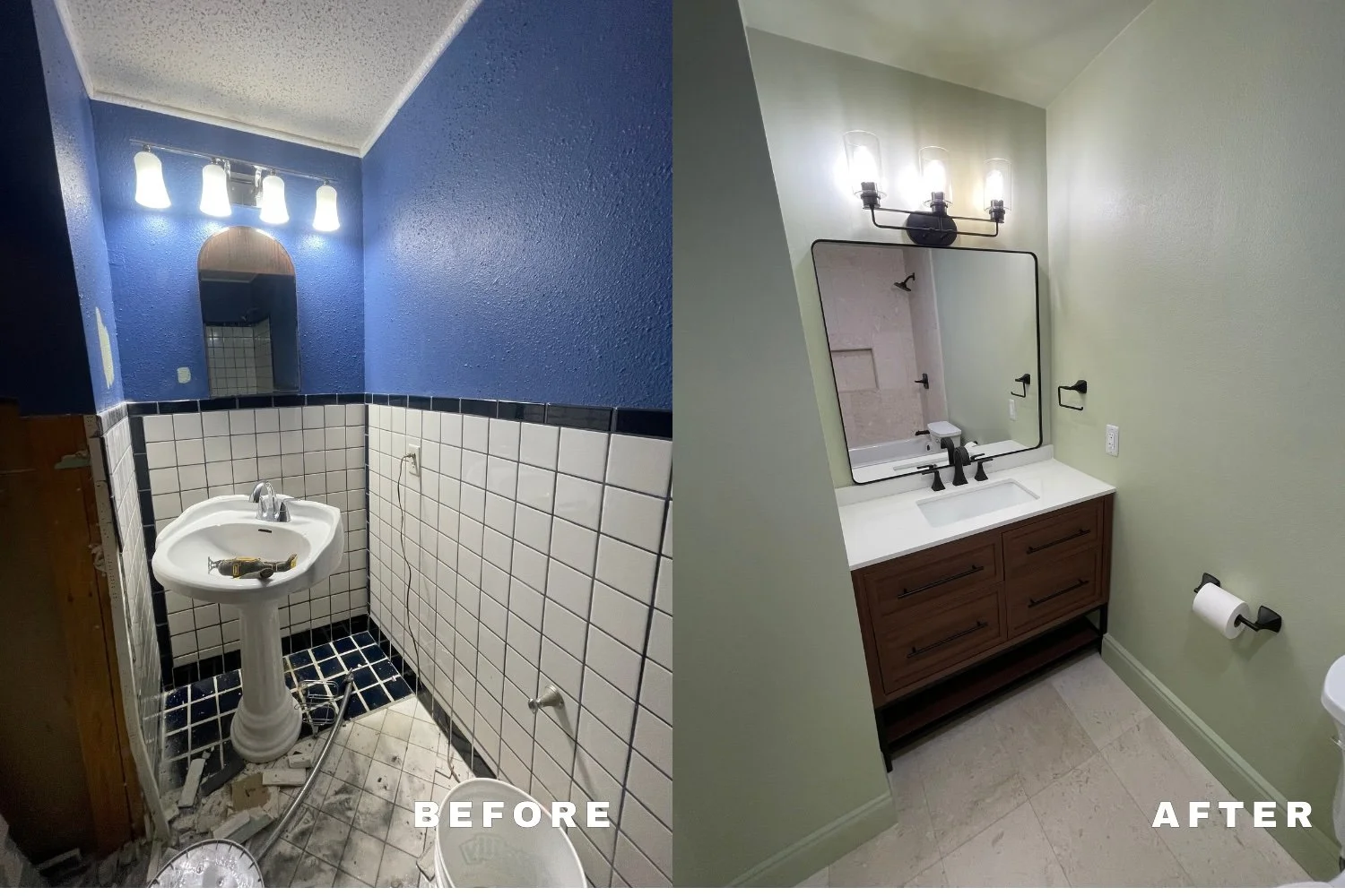 Before and after of the renovation of an outdated bathroom in Harvey, Lousiana