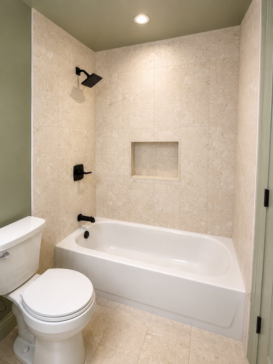 This custom bathroom remodel by Grand Rising Construction features a full-height limestone tile tub and shower surround, a built-in recessed shower niche, matte black plumbing fixtures, and a modern acrylic bathtub. Designed for durability and timele